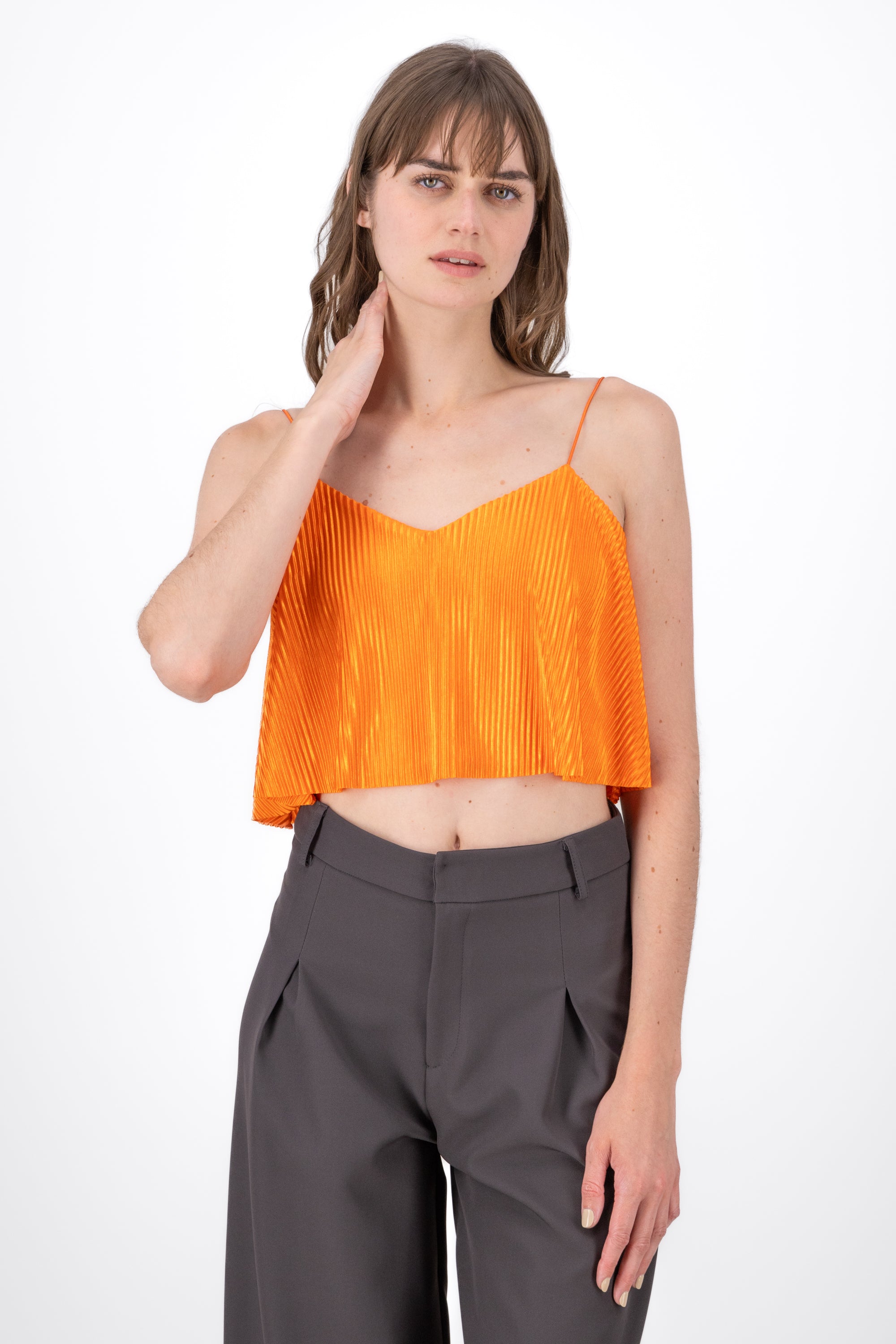 Top Crop Tejido Plisado Tirantes NARANJA