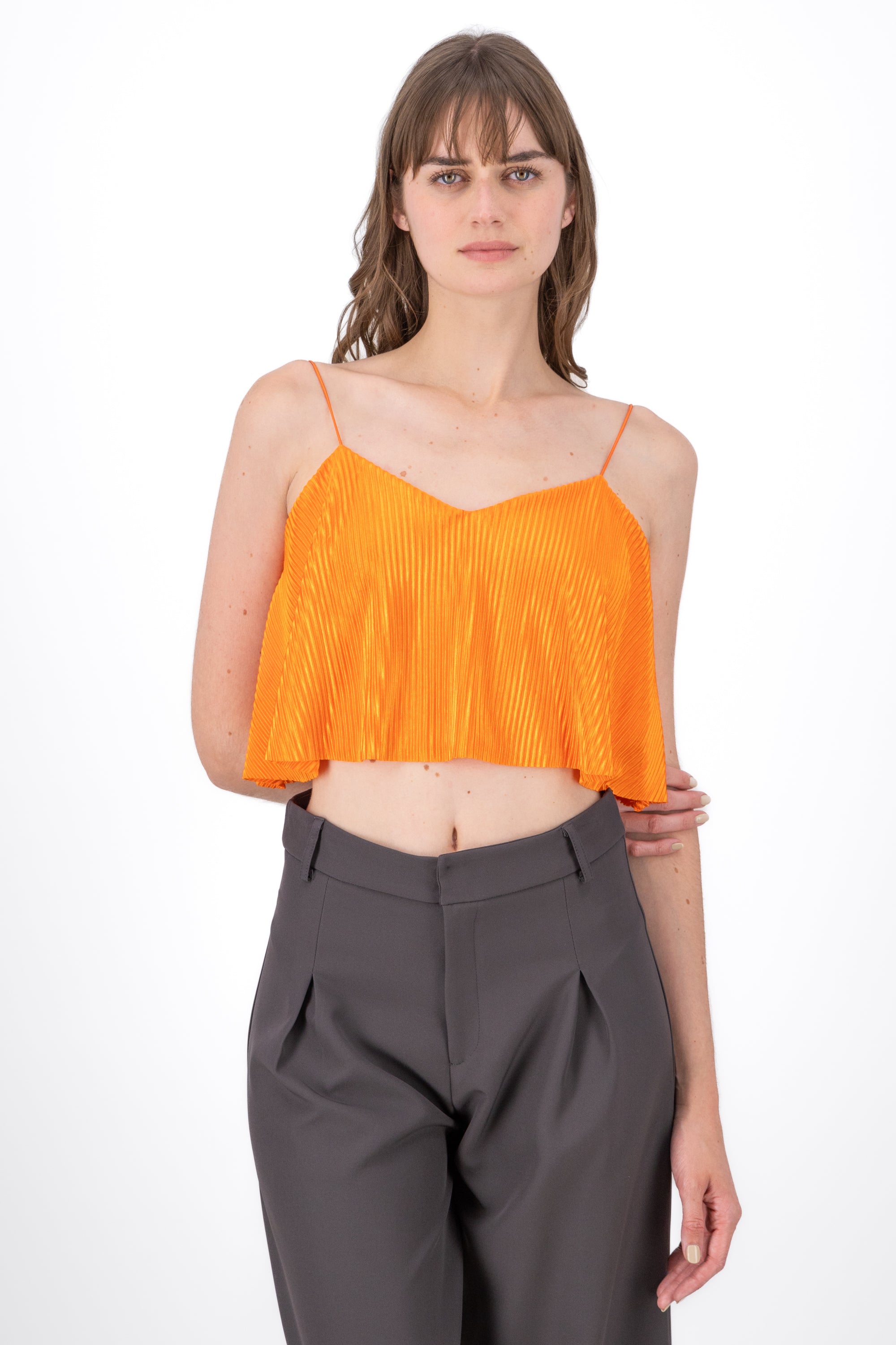 Top Crop Tejido Plisado Tirantes NARANJA