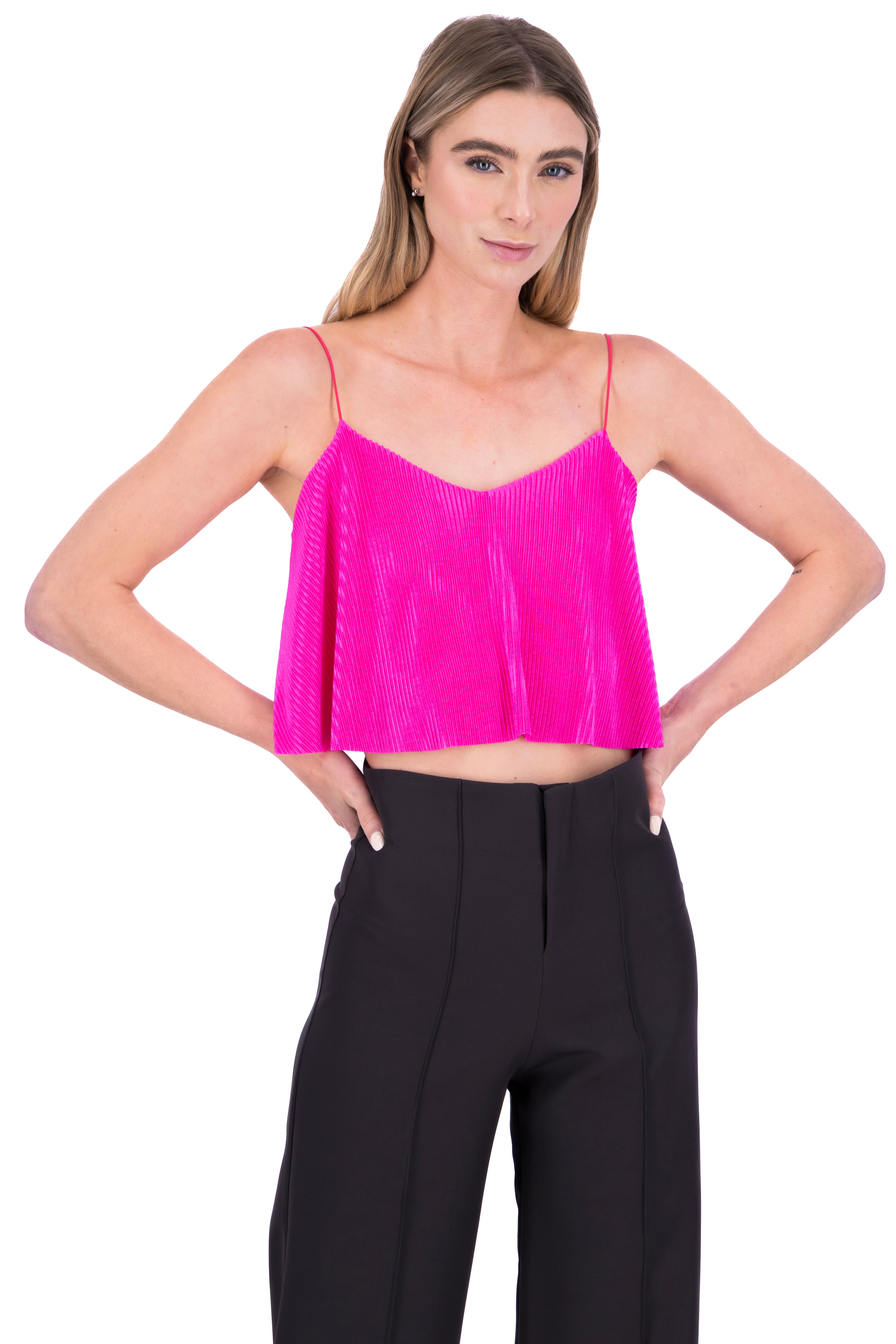 Top Crop Tejido Plisado Tirantes ROSA BRILLANTE