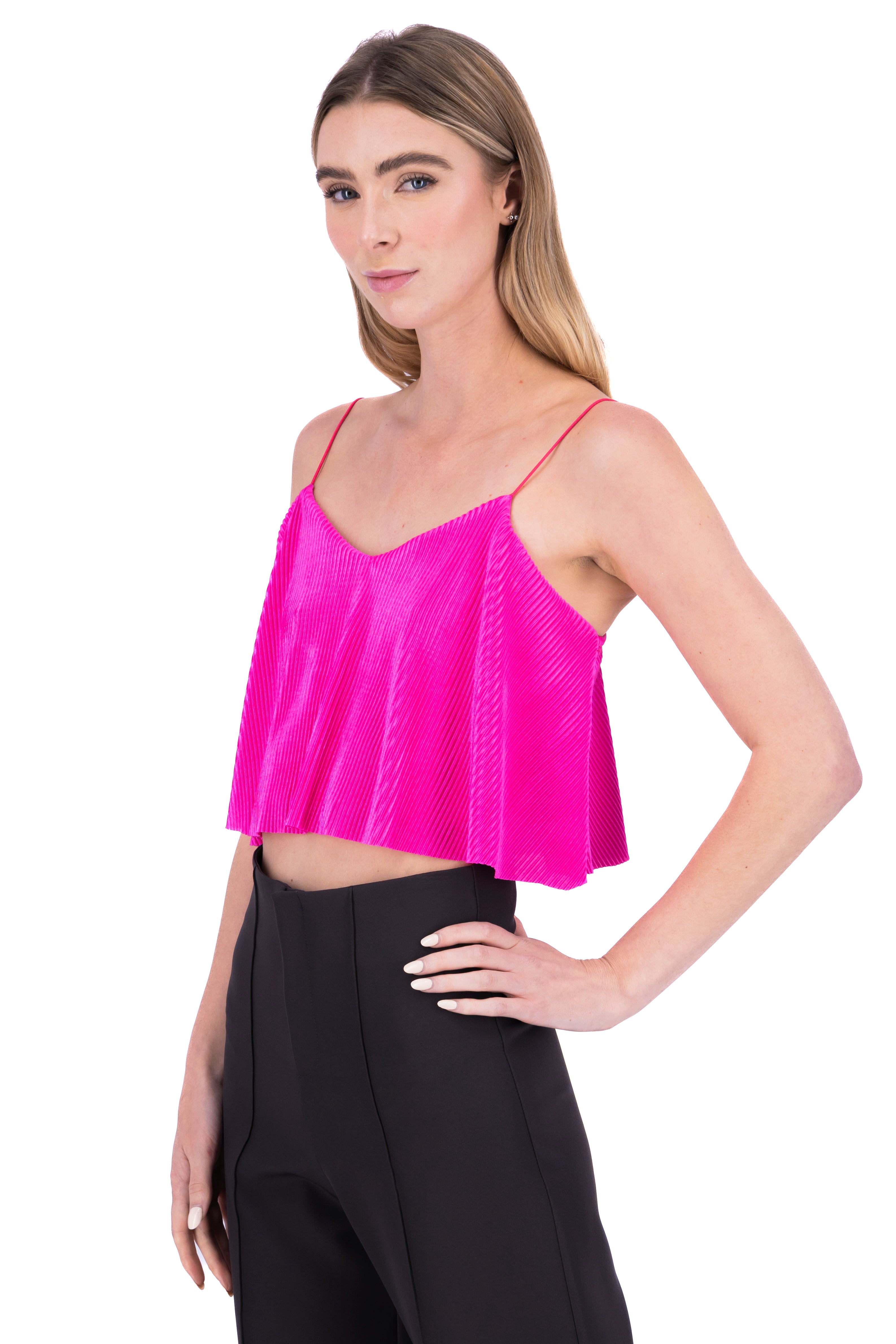 Top Crop Tejido Plisado Tirantes ROSA BRILLANTE