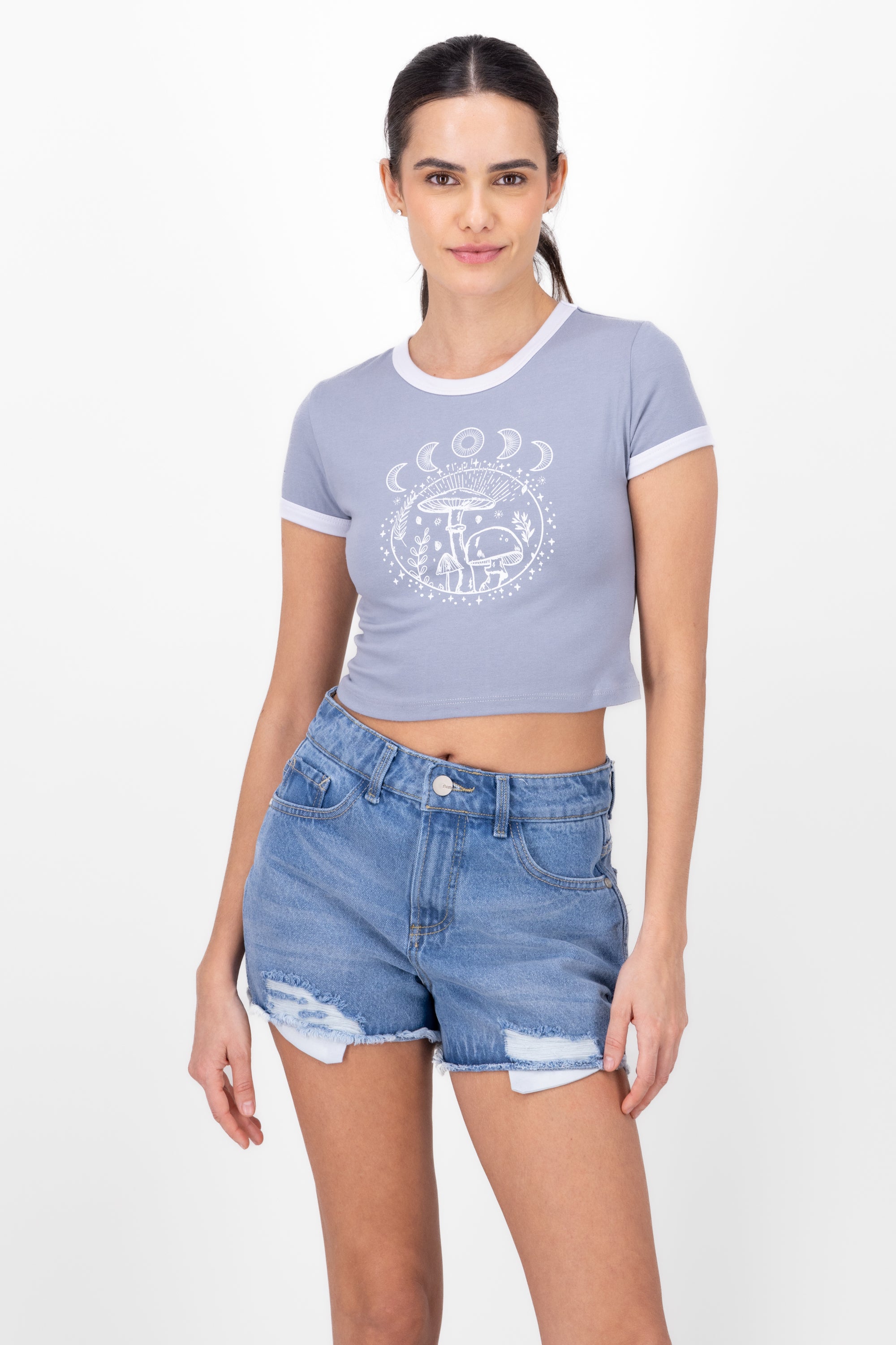 Playera Crop Hongos Lunas GRIS CLARO