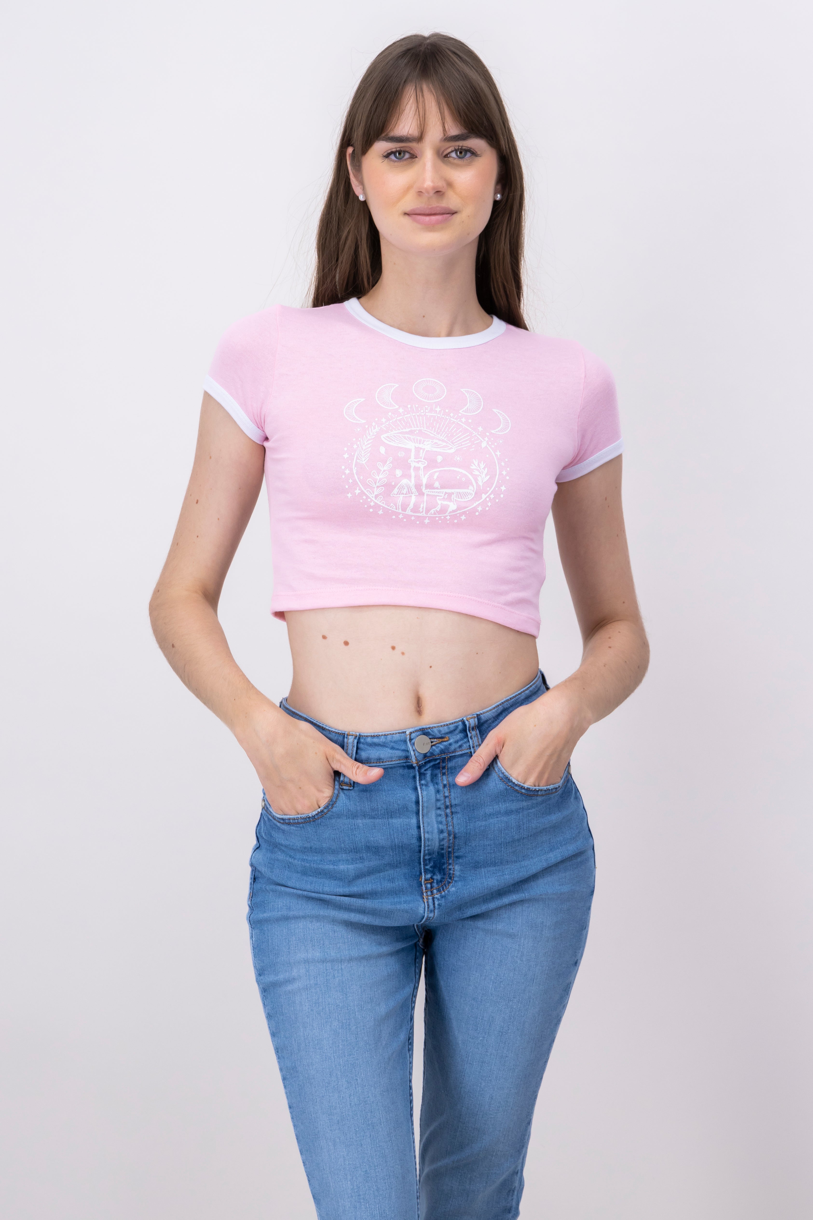 Playera Crop Hongos Lunas ROSA