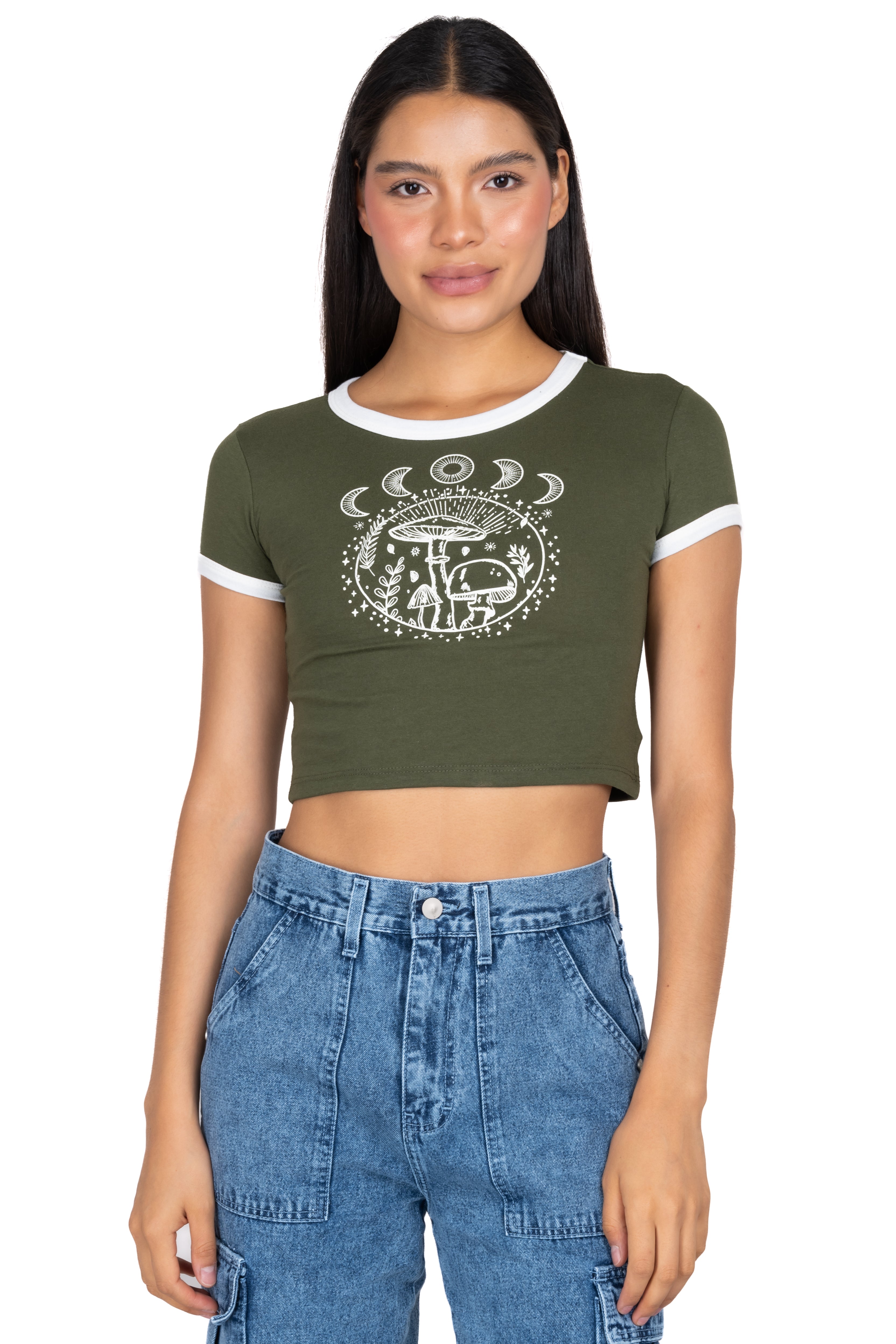 Playera Crop Hongos Lunas OLIVO