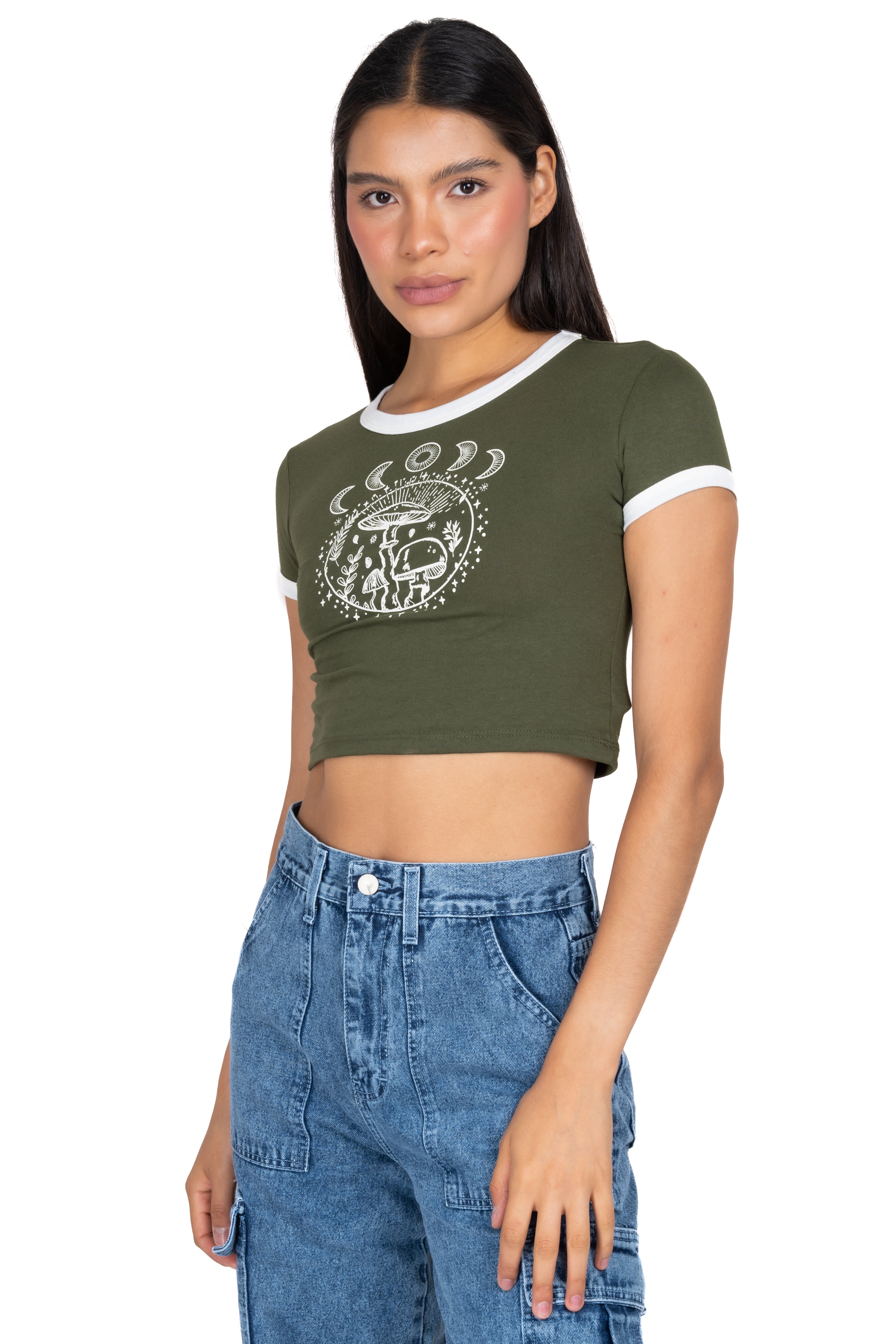 Playera Crop Hongos Lunas OLIVO