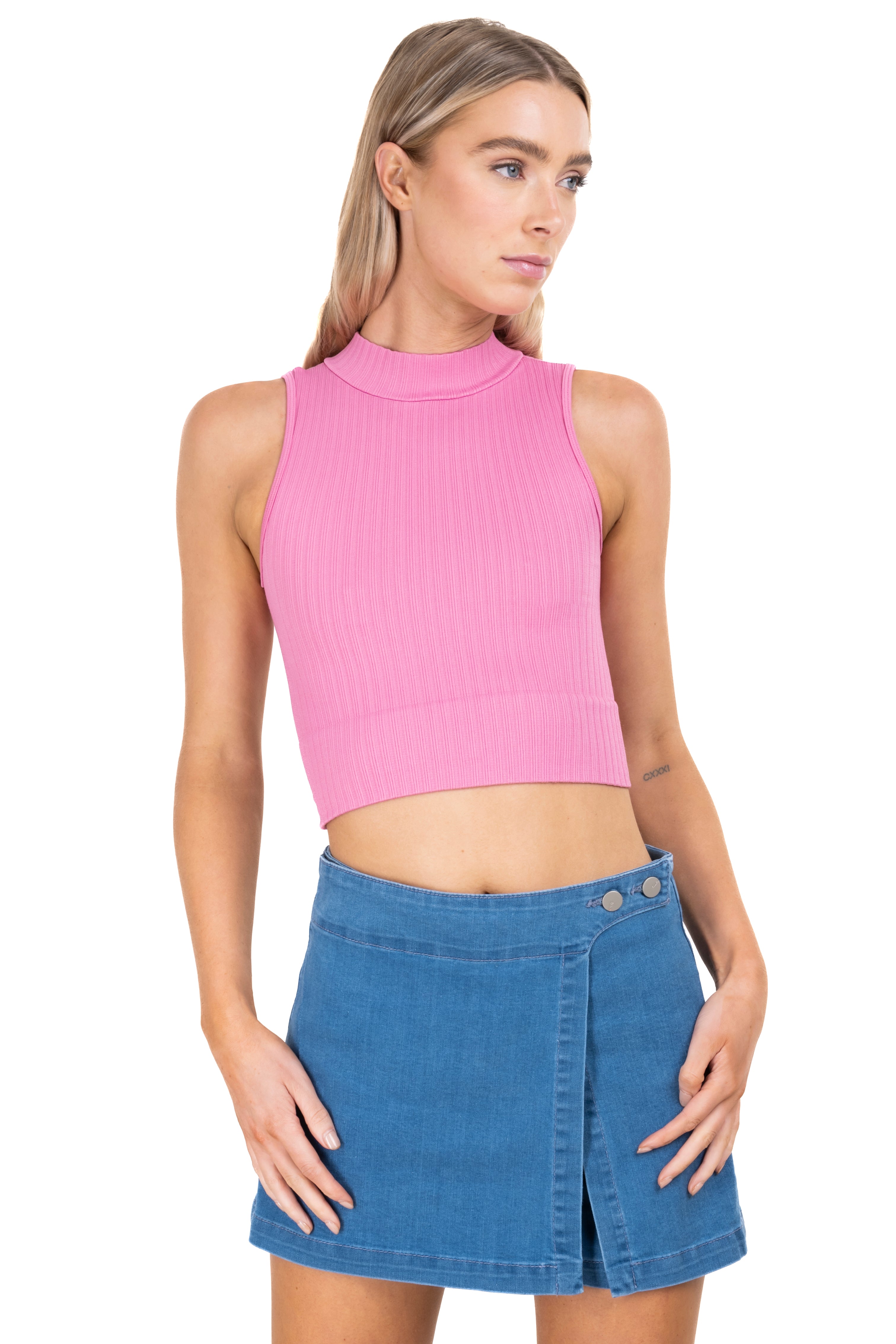 High neck racked top PINK