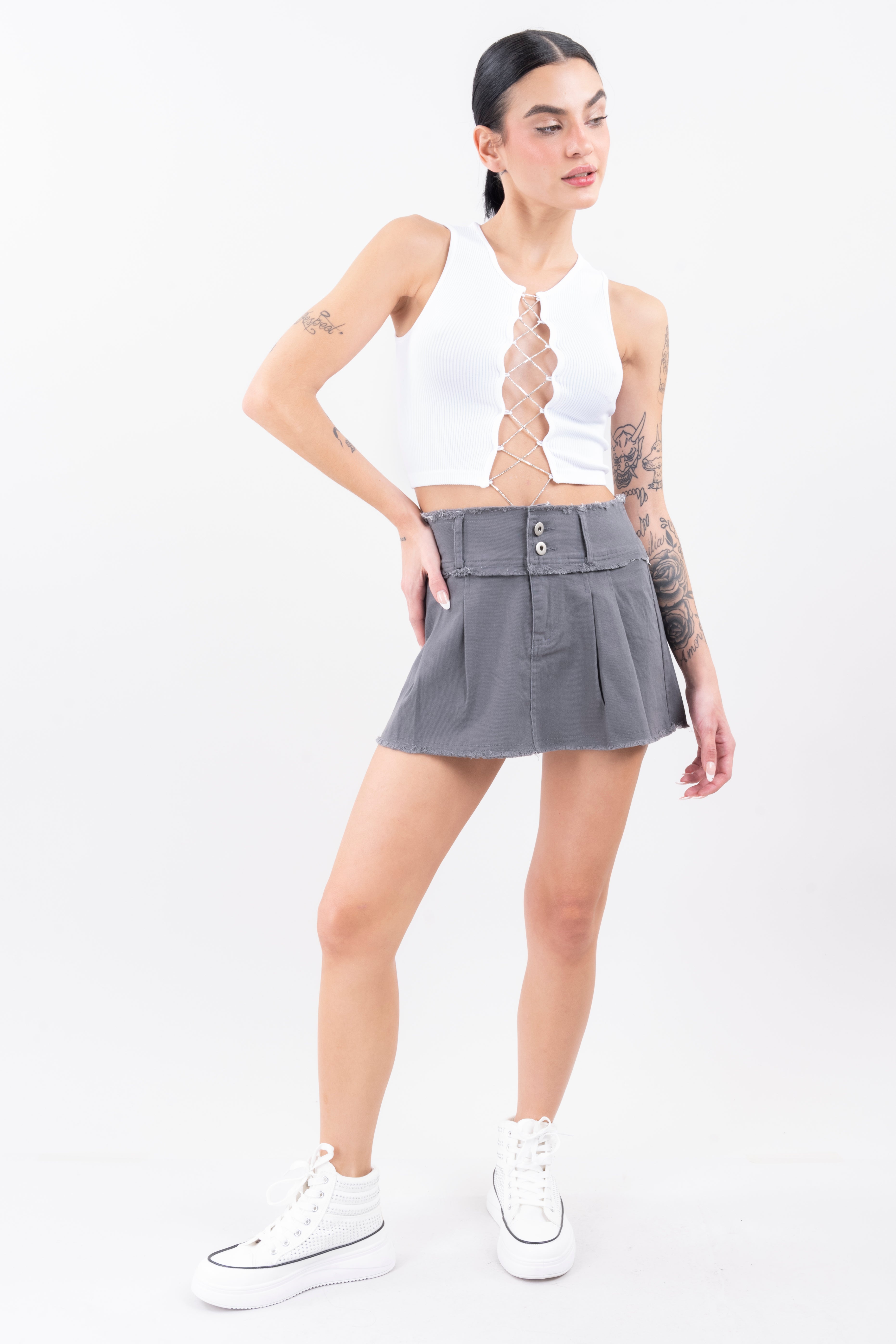 Falda mini low rise denim GRIS