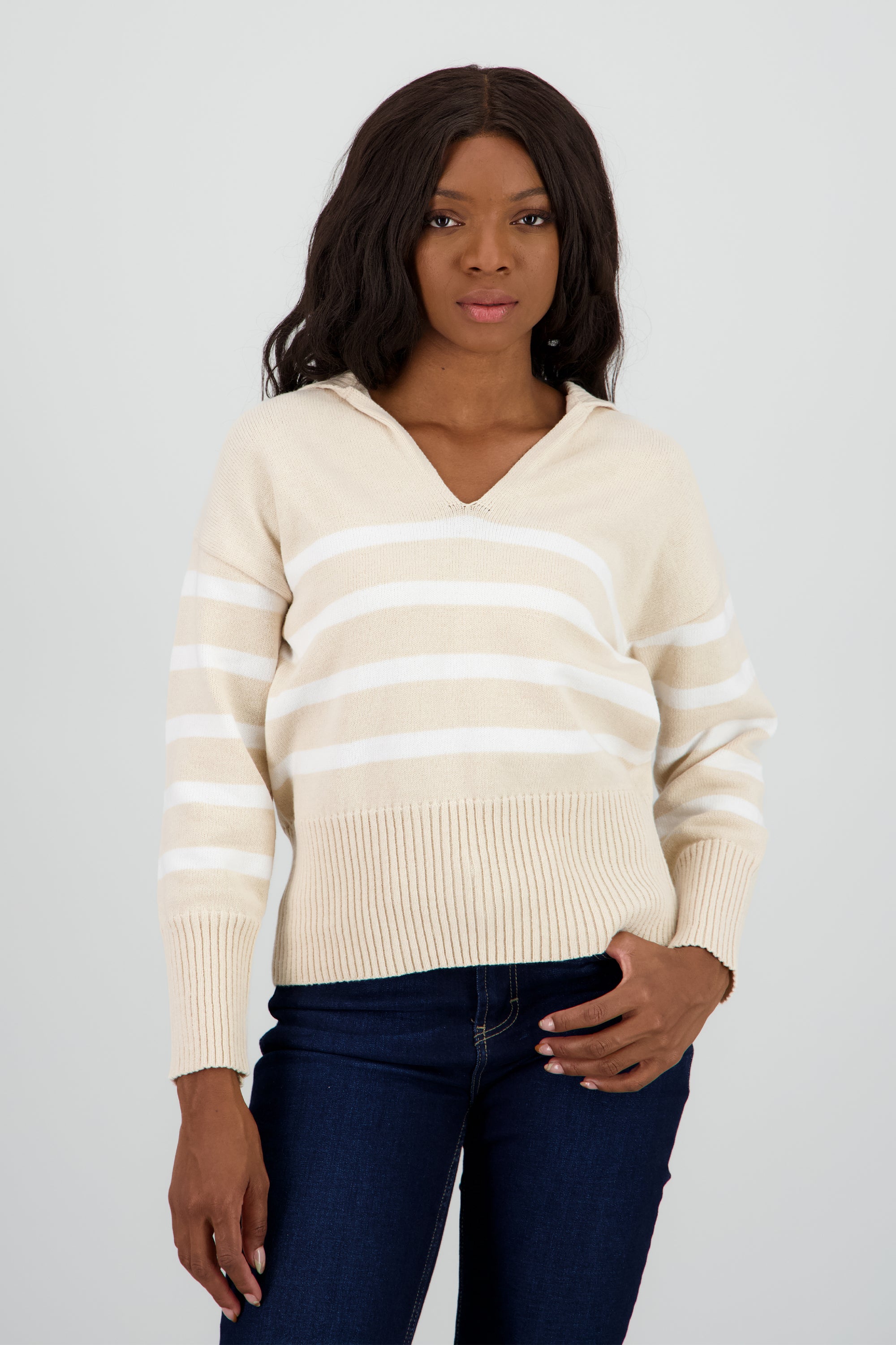 Suéter cuello polo rayas BEIGE