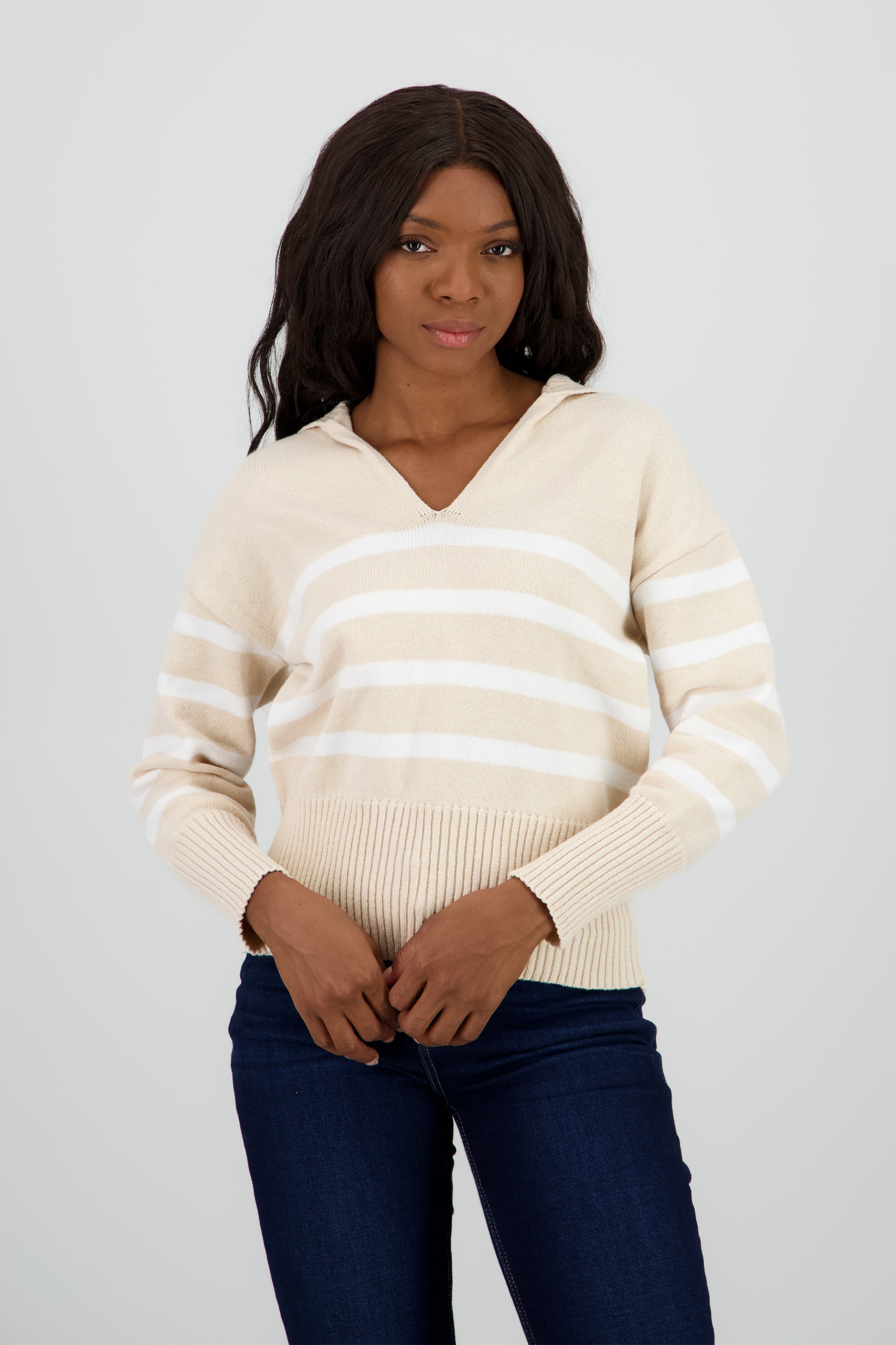 Suéter cuello polo rayas BEIGE