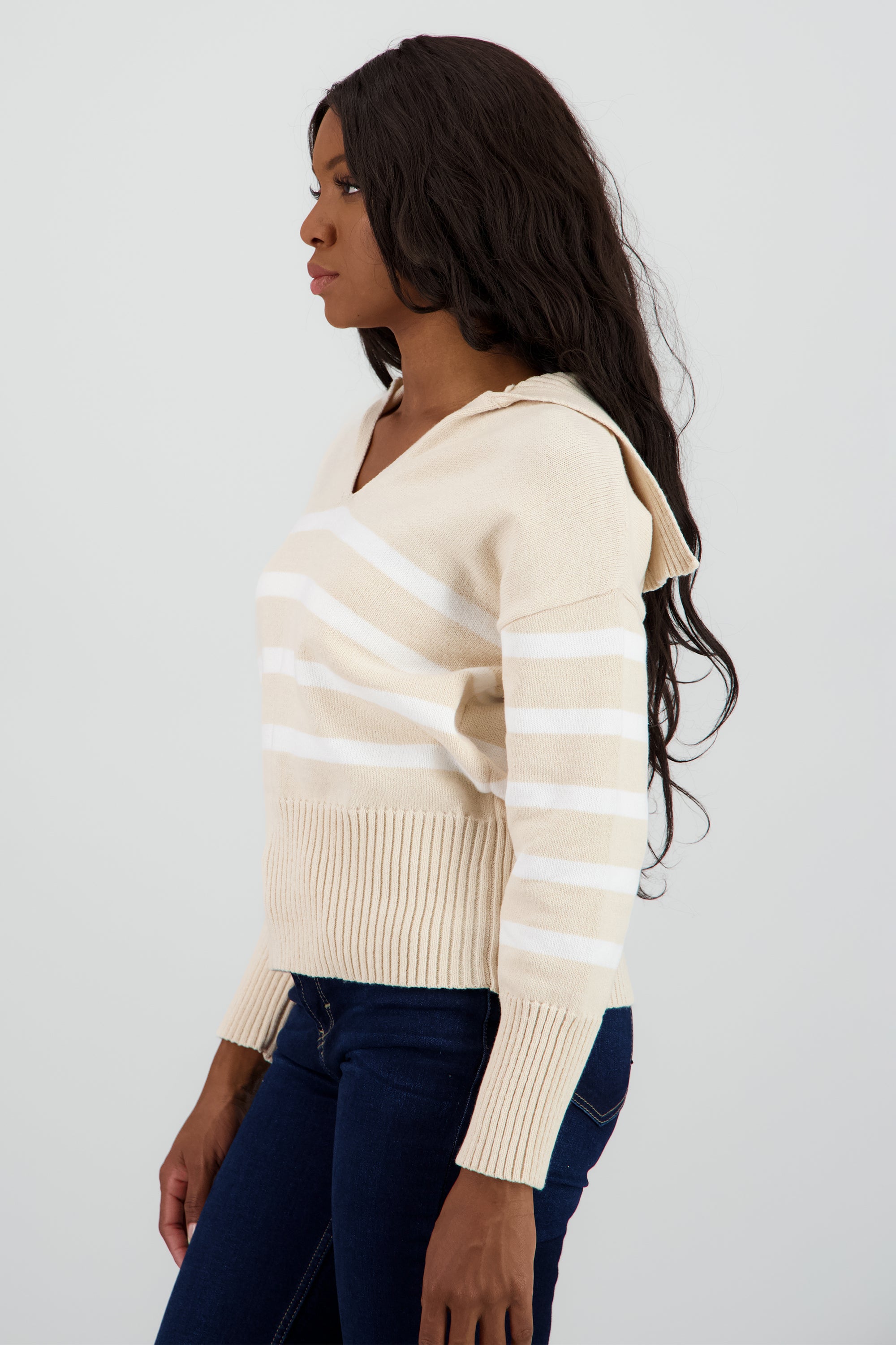 Suéter cuello polo rayas BEIGE