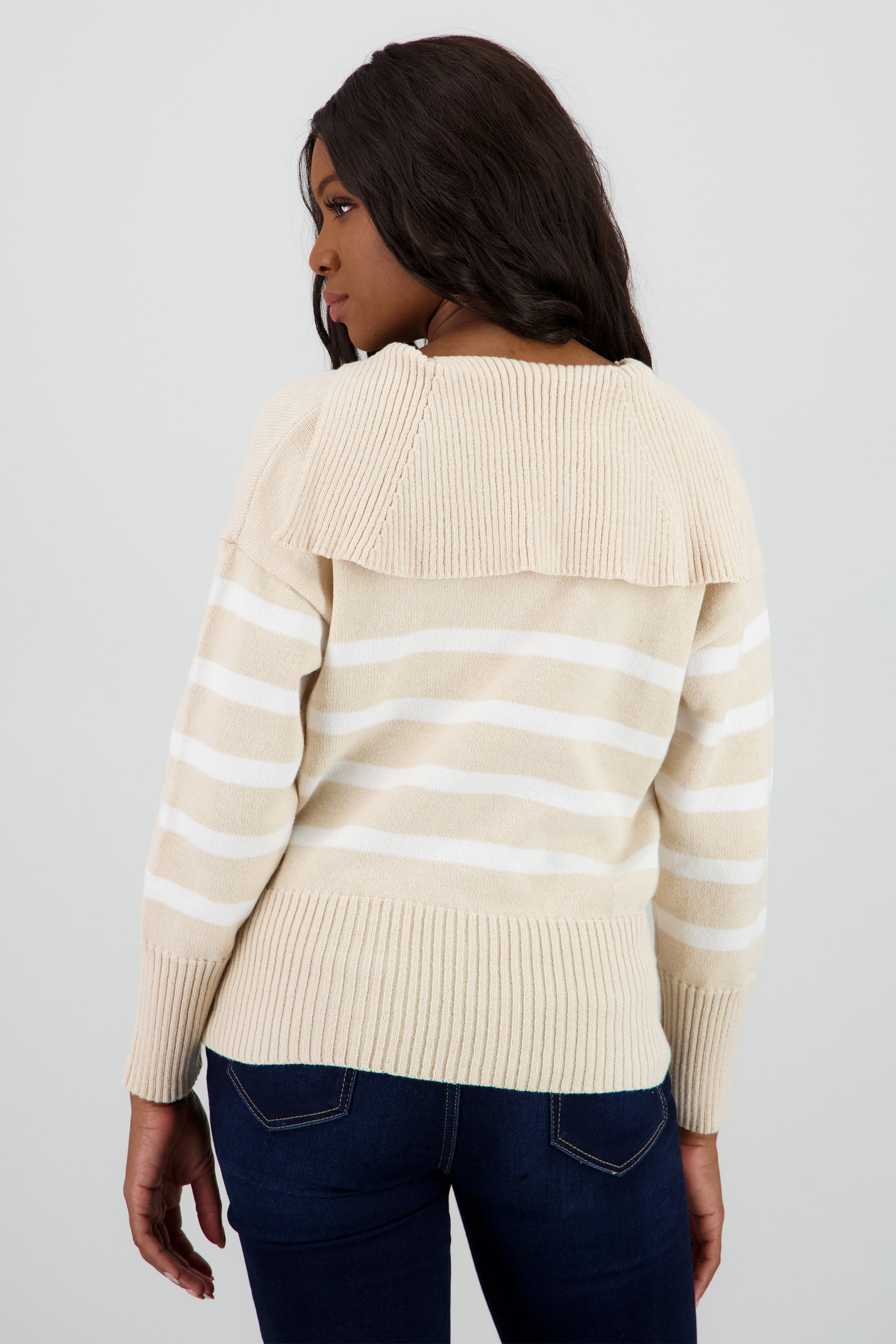 Suéter cuello polo rayas BEIGE