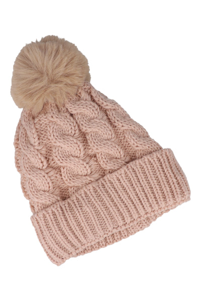 Gorro tejido trenzado pompón BEIGE