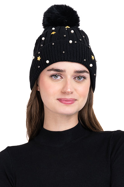 Gorro tejido brillos pompón NEGRO