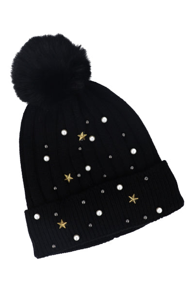 Gorro tejido brillos pompón NEGRO