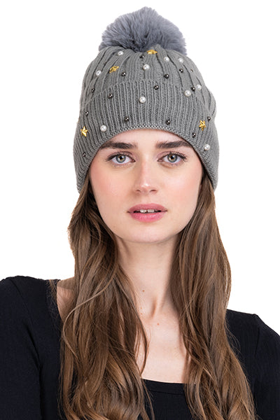 Gorro tejido brillos pompón GRIS