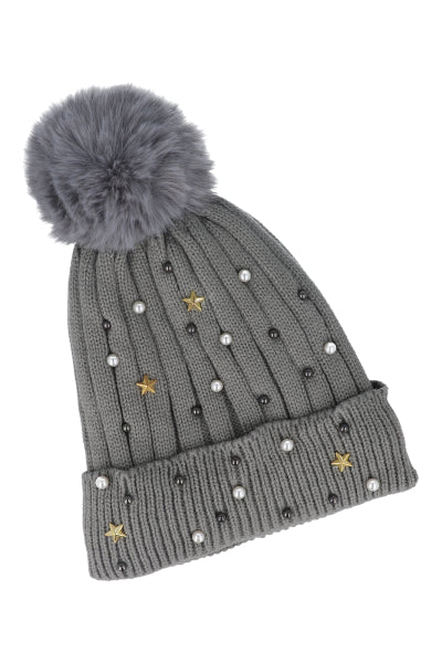 Gorro tejido brillos pompón GRIS