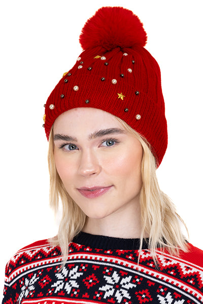 Gorro tejido brillos pompón ROJO