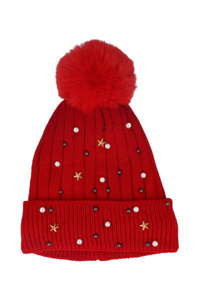 Gorro tejido brillos pompón ROJO