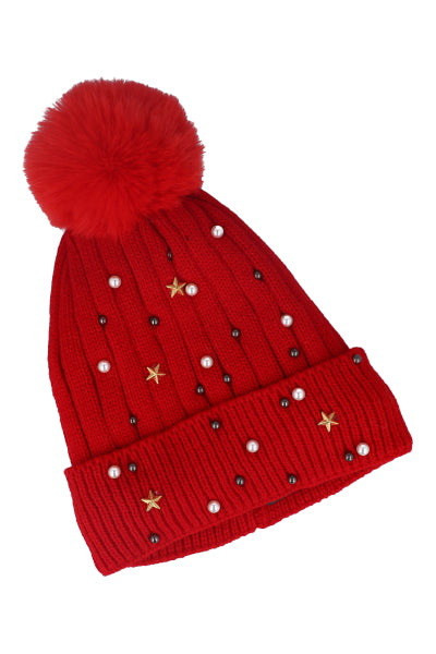 Gorro tejido brillos pompón ROJO