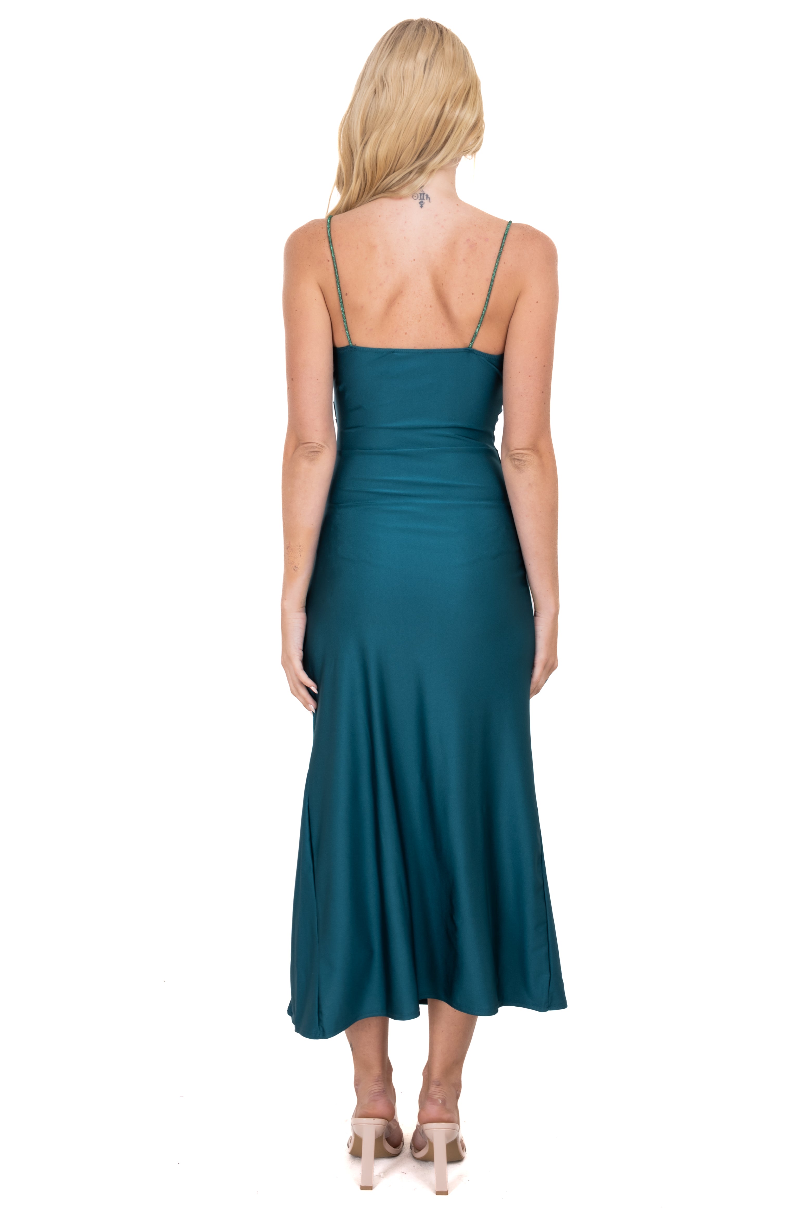 Vestido maxi cruzado tirantes brillos VERDE CAZADOR