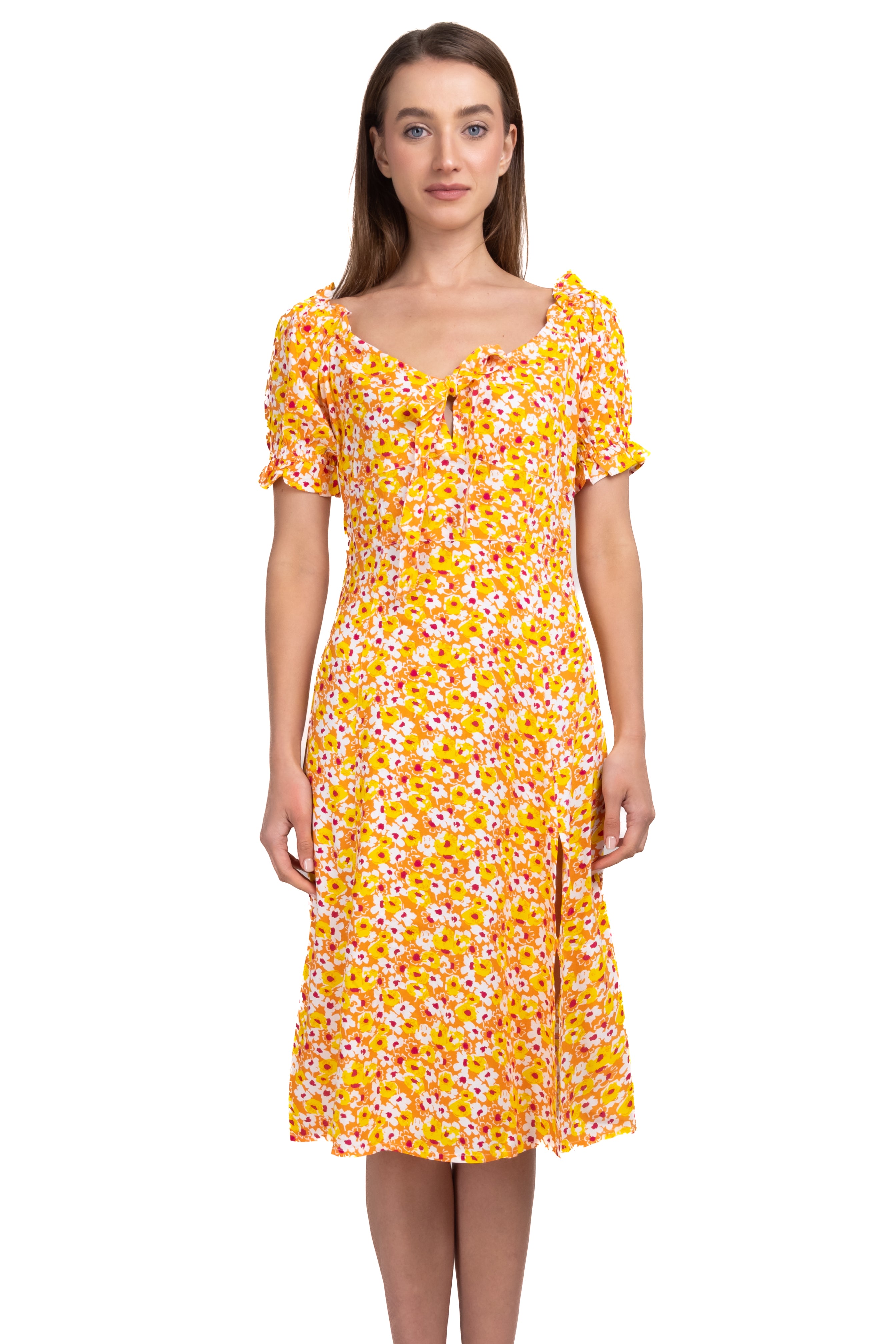 Vestido midi manga corta estampado AMARILLO COMBO