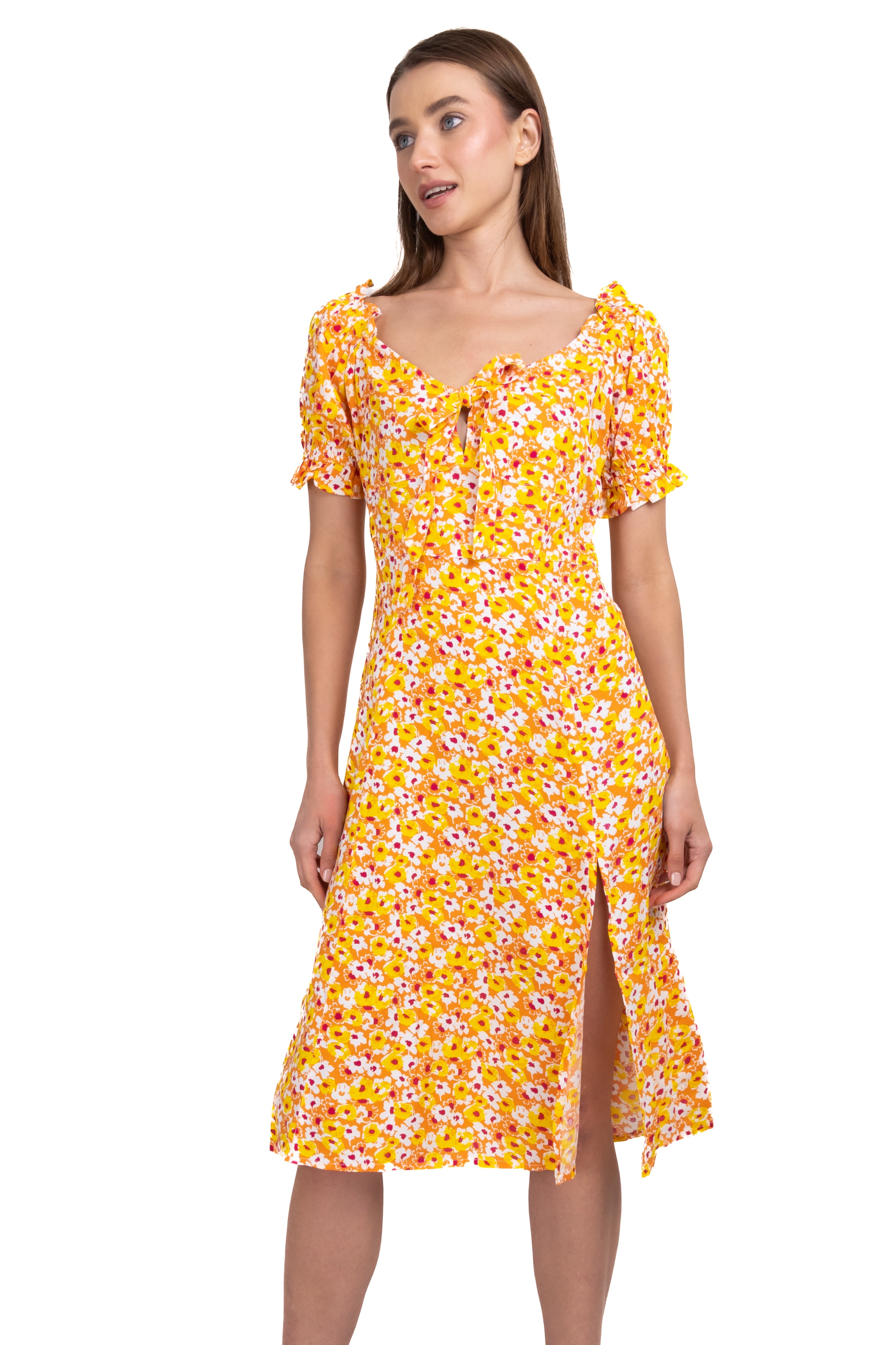 Vestido midi manga corta estampado AMARILLO COMBO