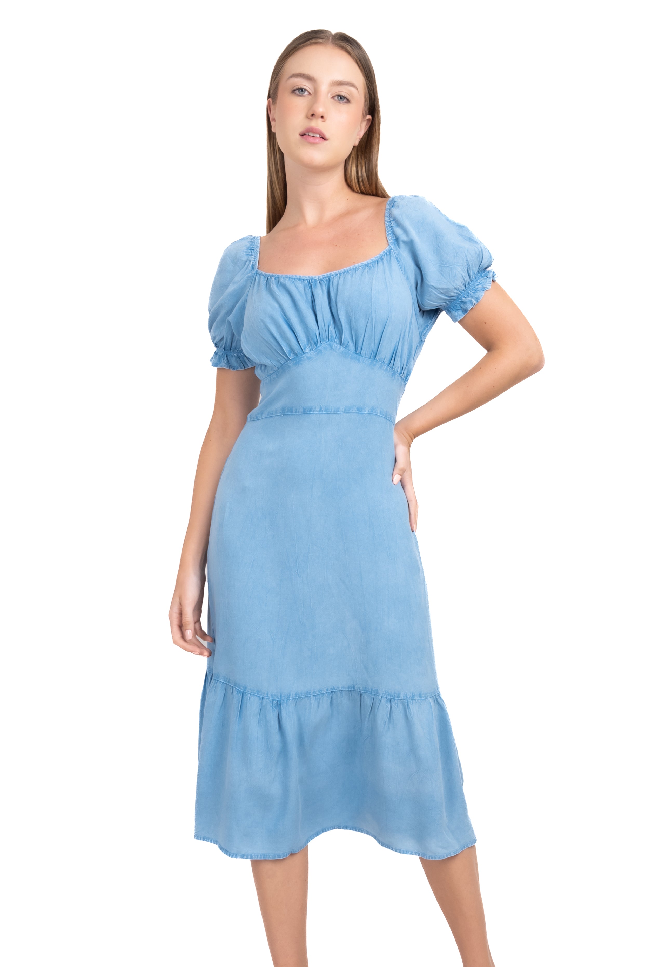 Vestido midi manga corta abullonada denim MEDIUM WASH