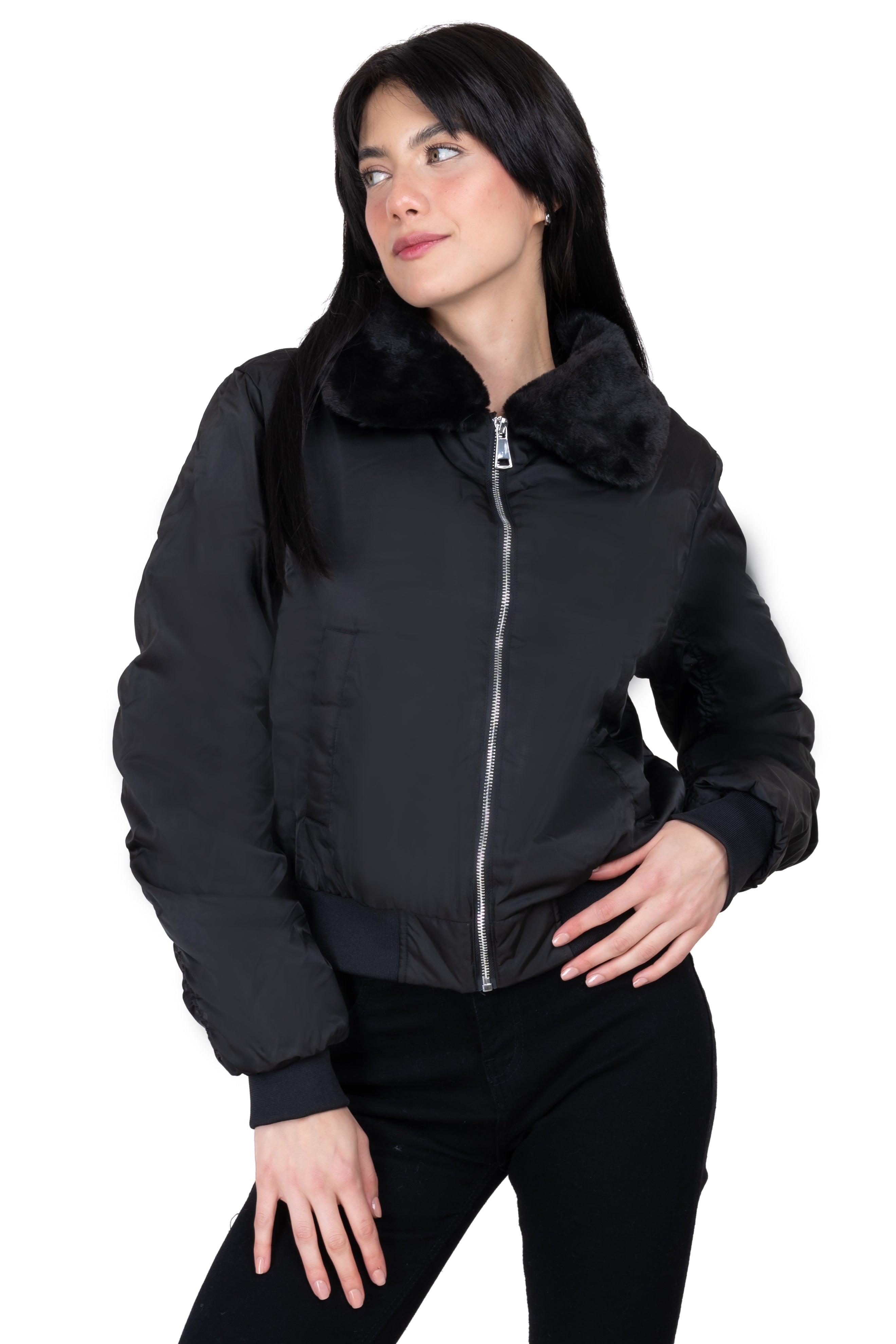 Chamarra bomber cuello peluche NEGRO