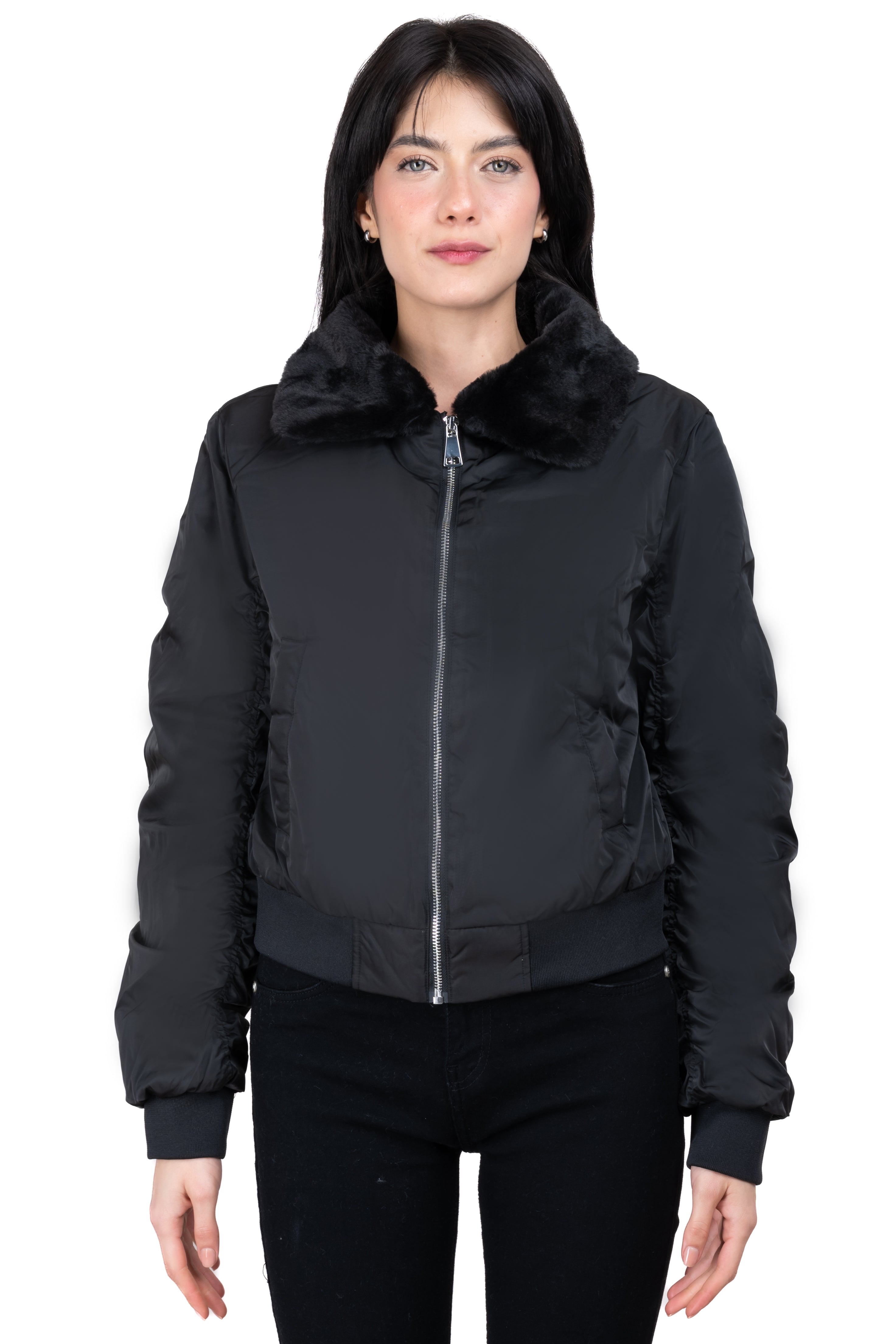 Chamarra bomber cuello peluche NEGRO