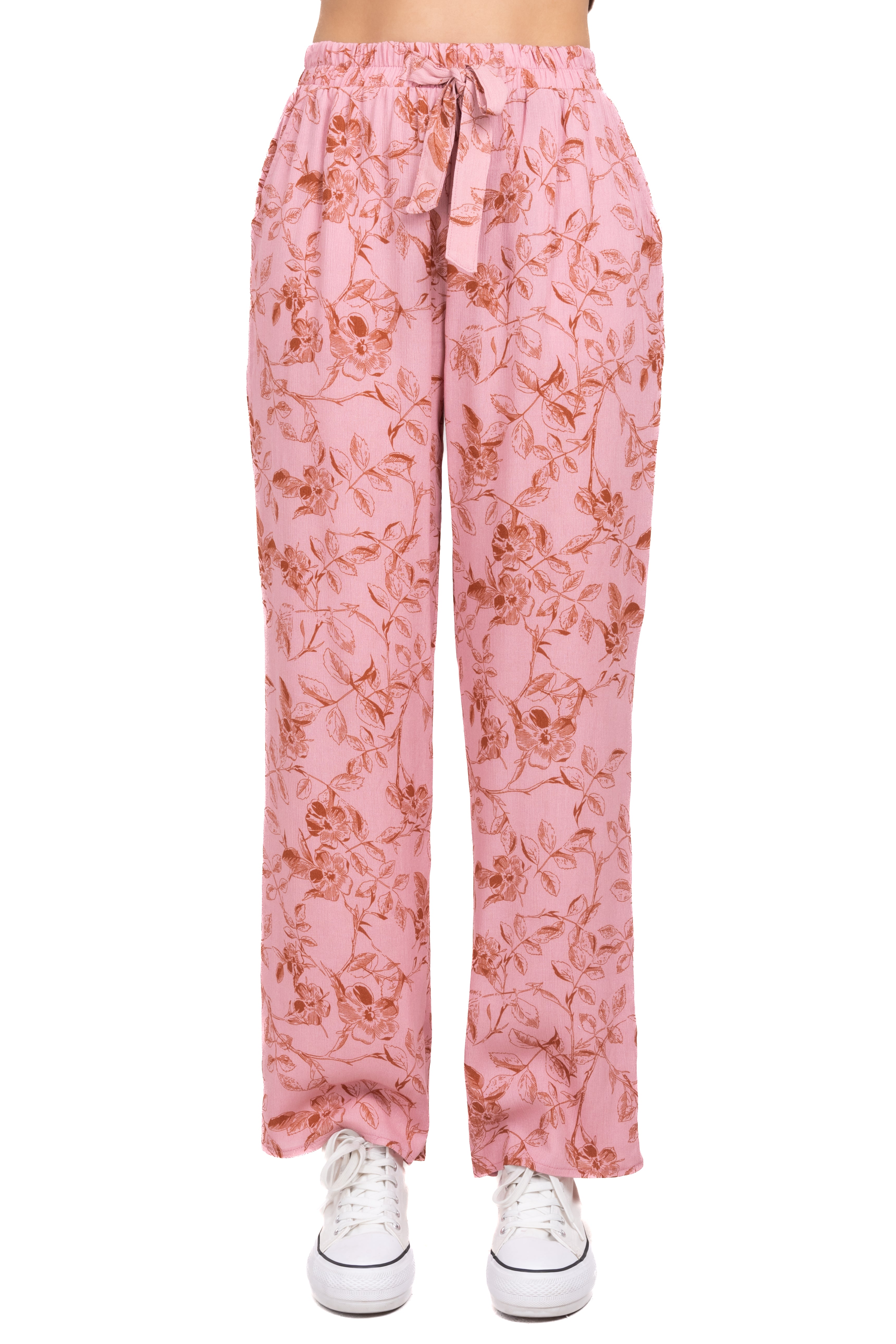 Pantalón recto cintas flores ROSA COMBO