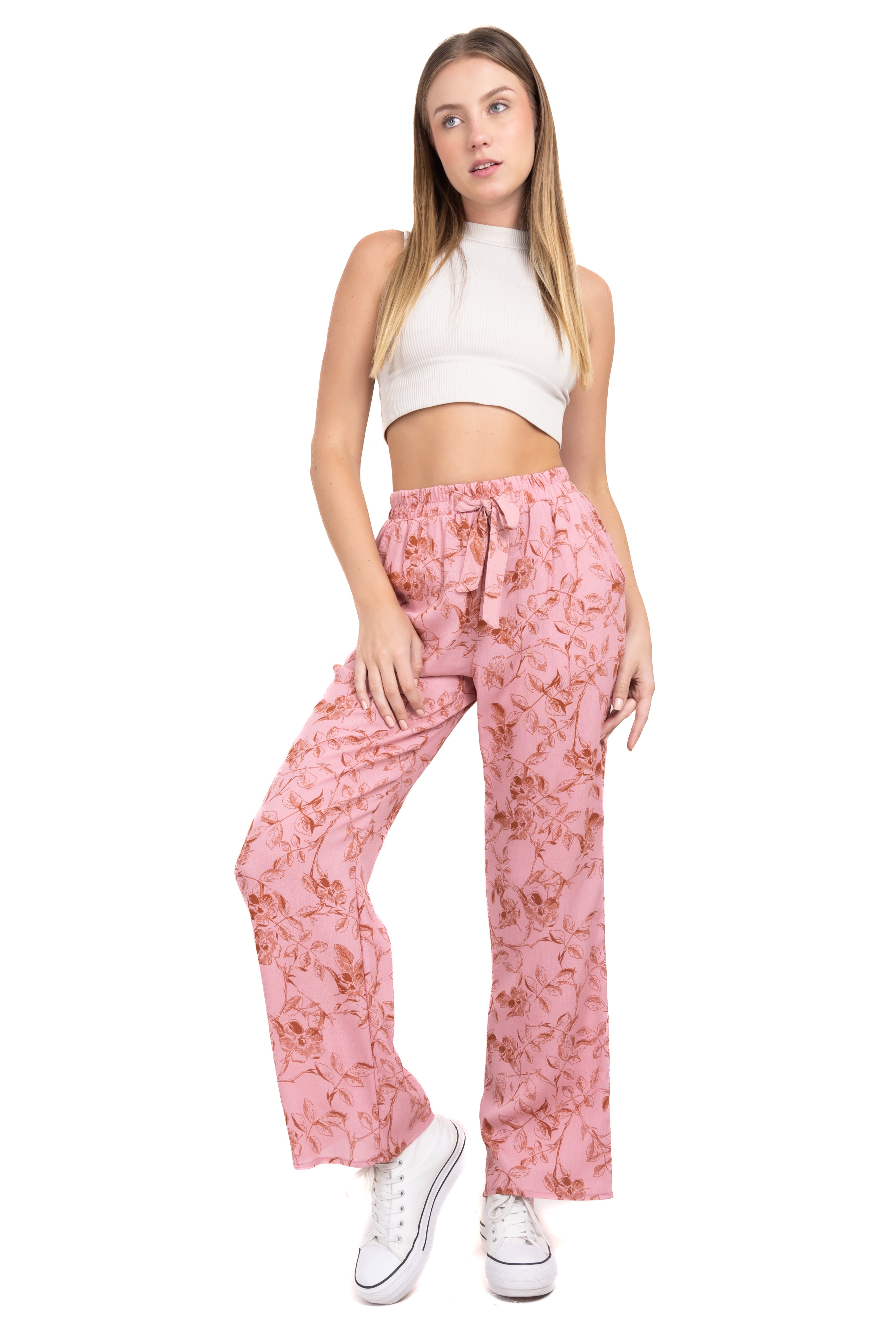 Pantalón recto cintas flores ROSA COMBO