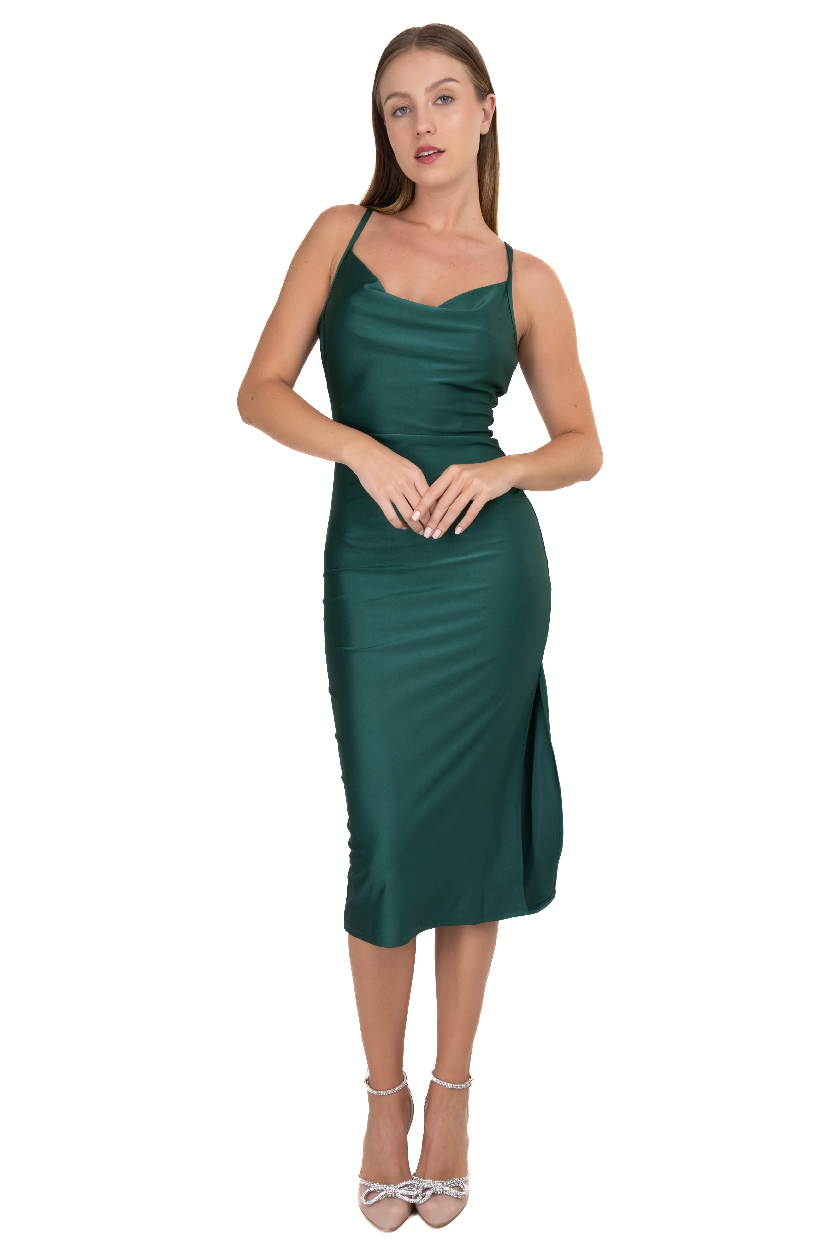 Vestido midi abertura liso VERDE CAZADOR