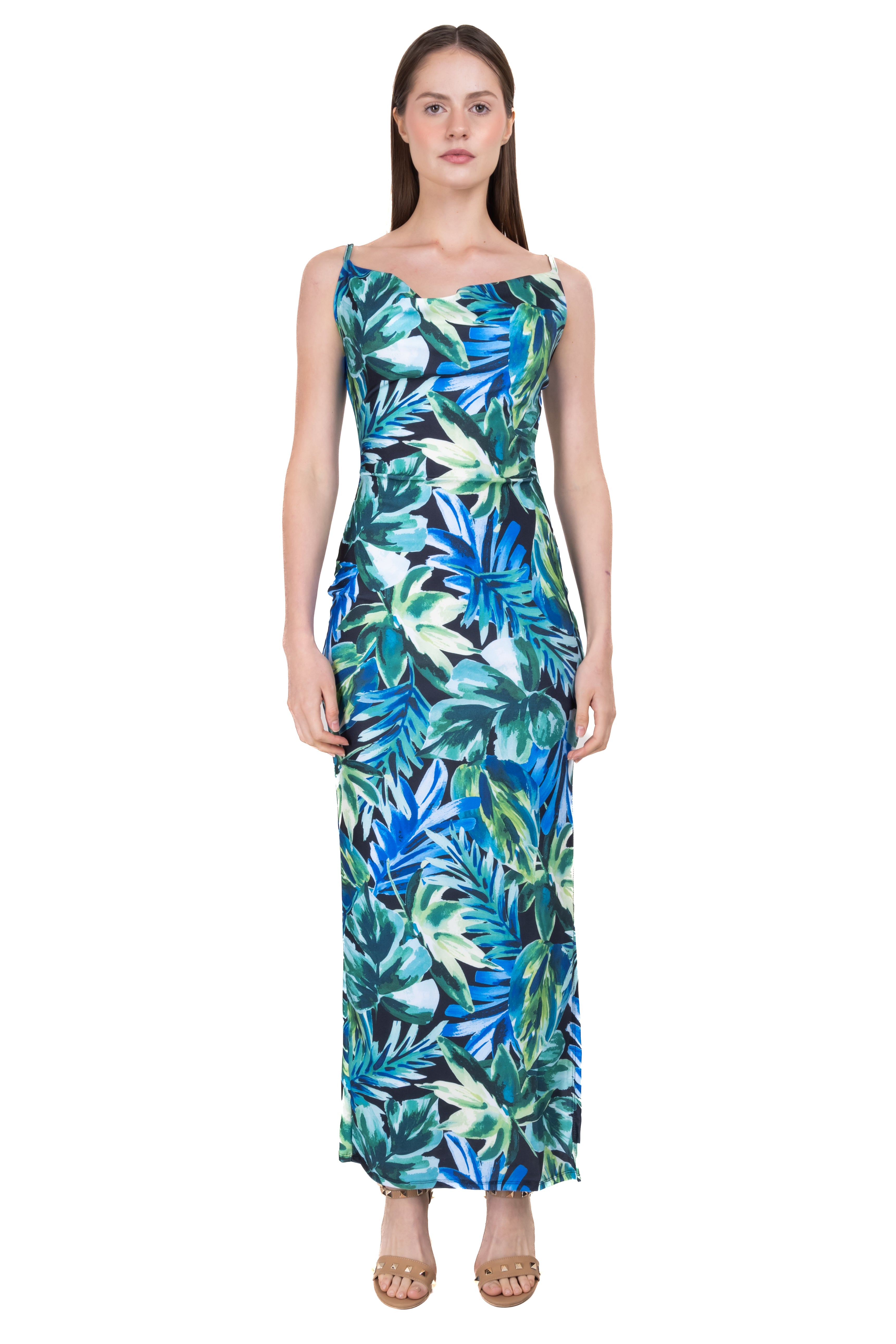 Vestido escote cascada estampado tropical MULTICOLOR