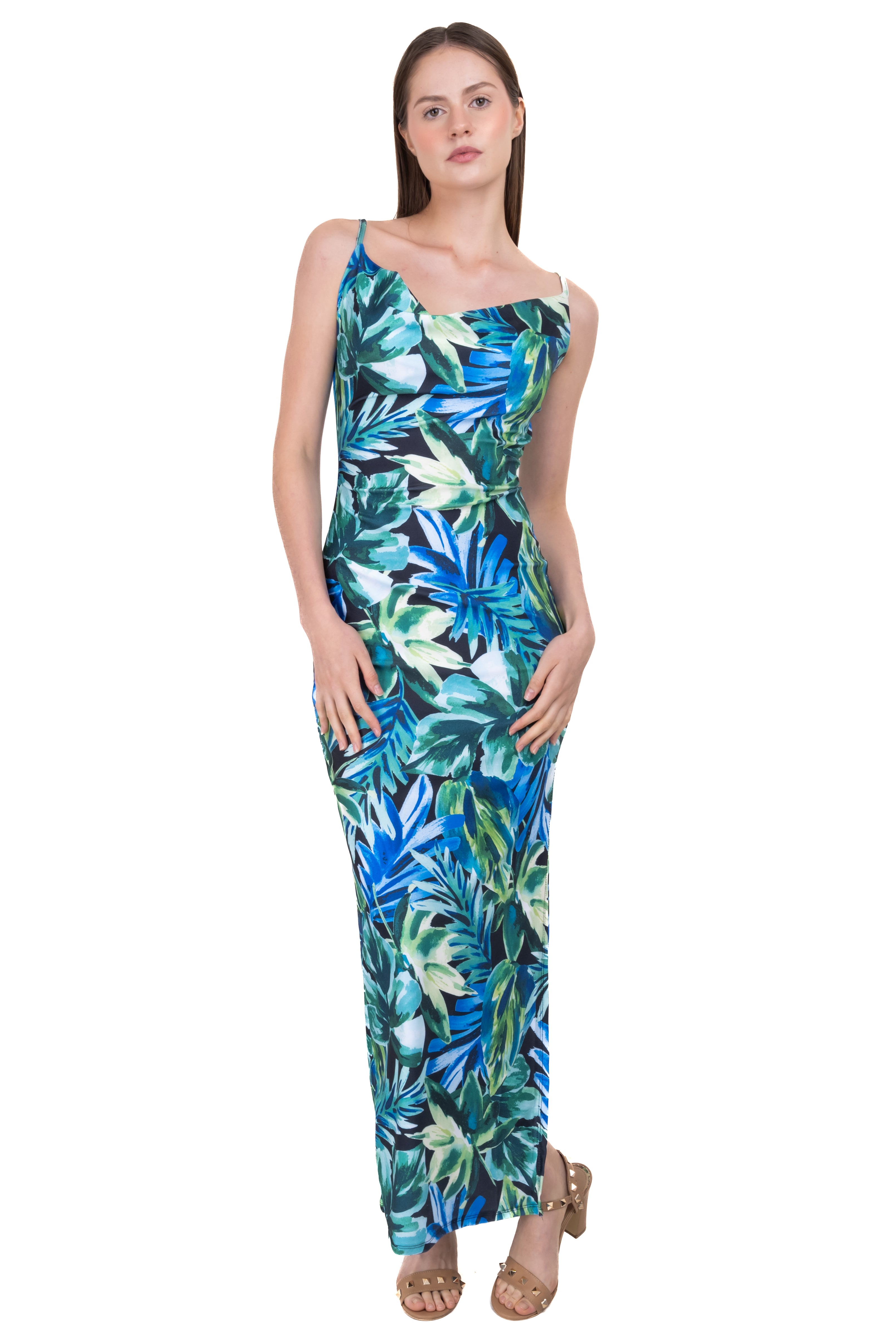 Vestido escote cascada estampado tropical MULTICOLOR