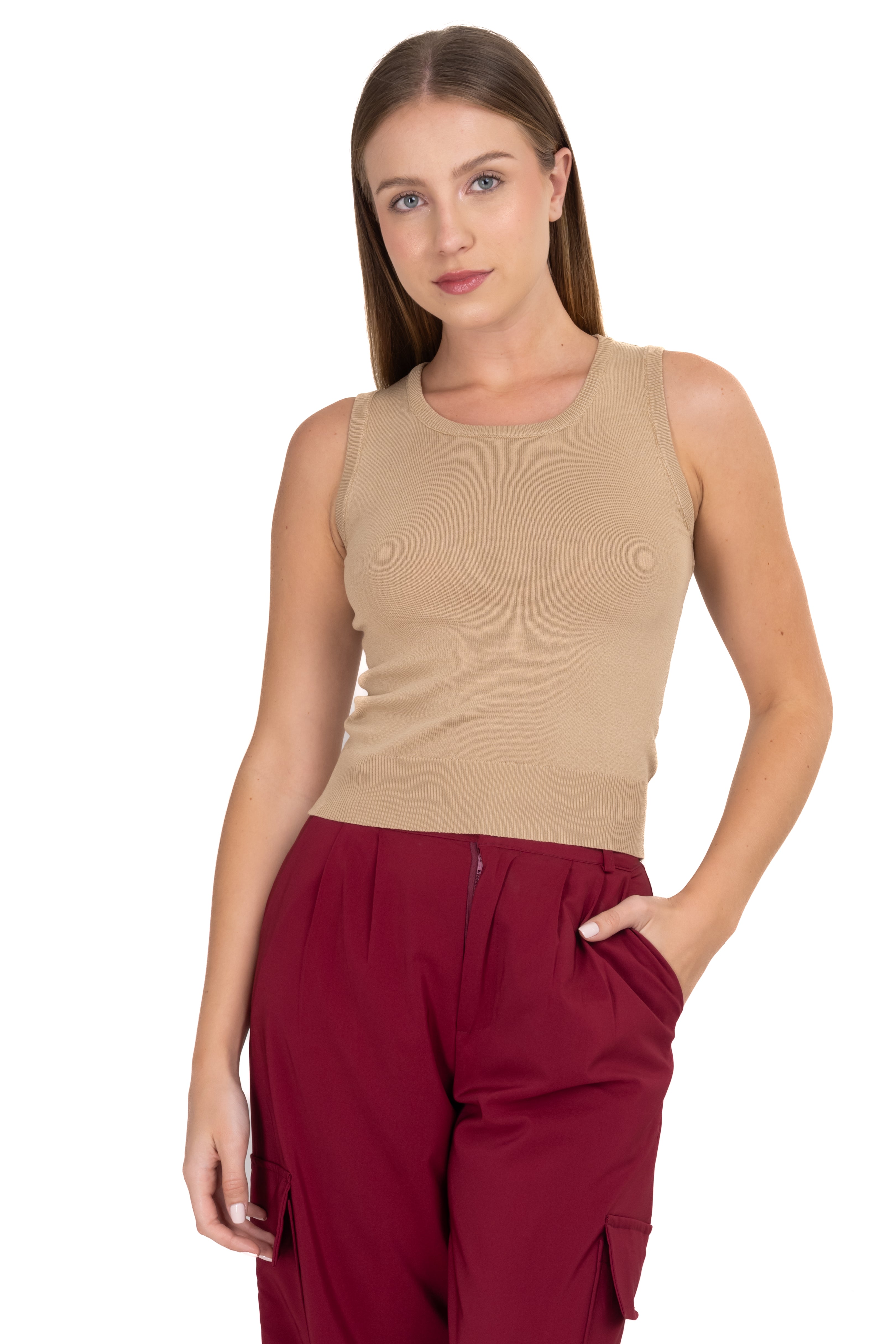 Round -neck racked top Taupe