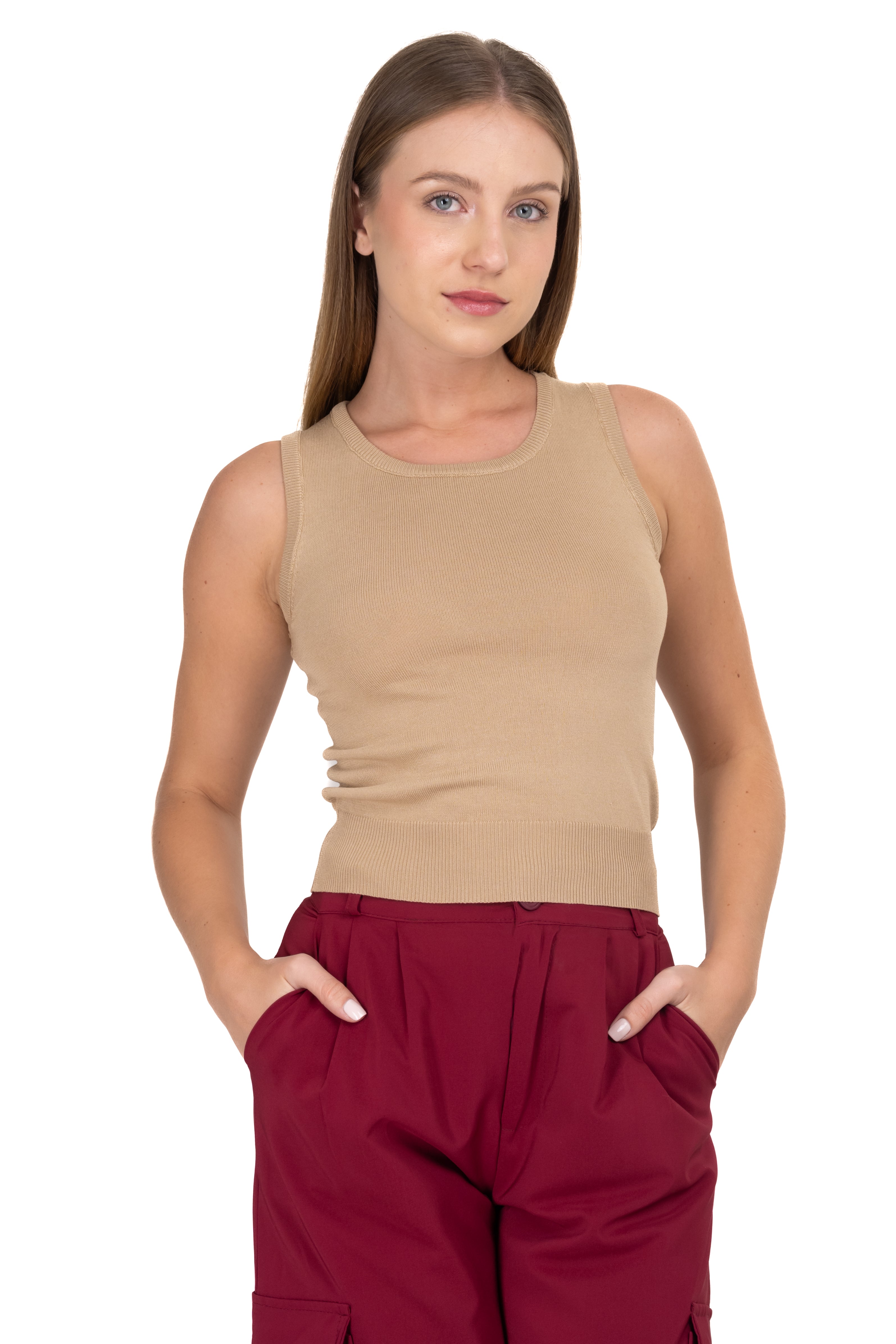 Round -neck racked top Taupe