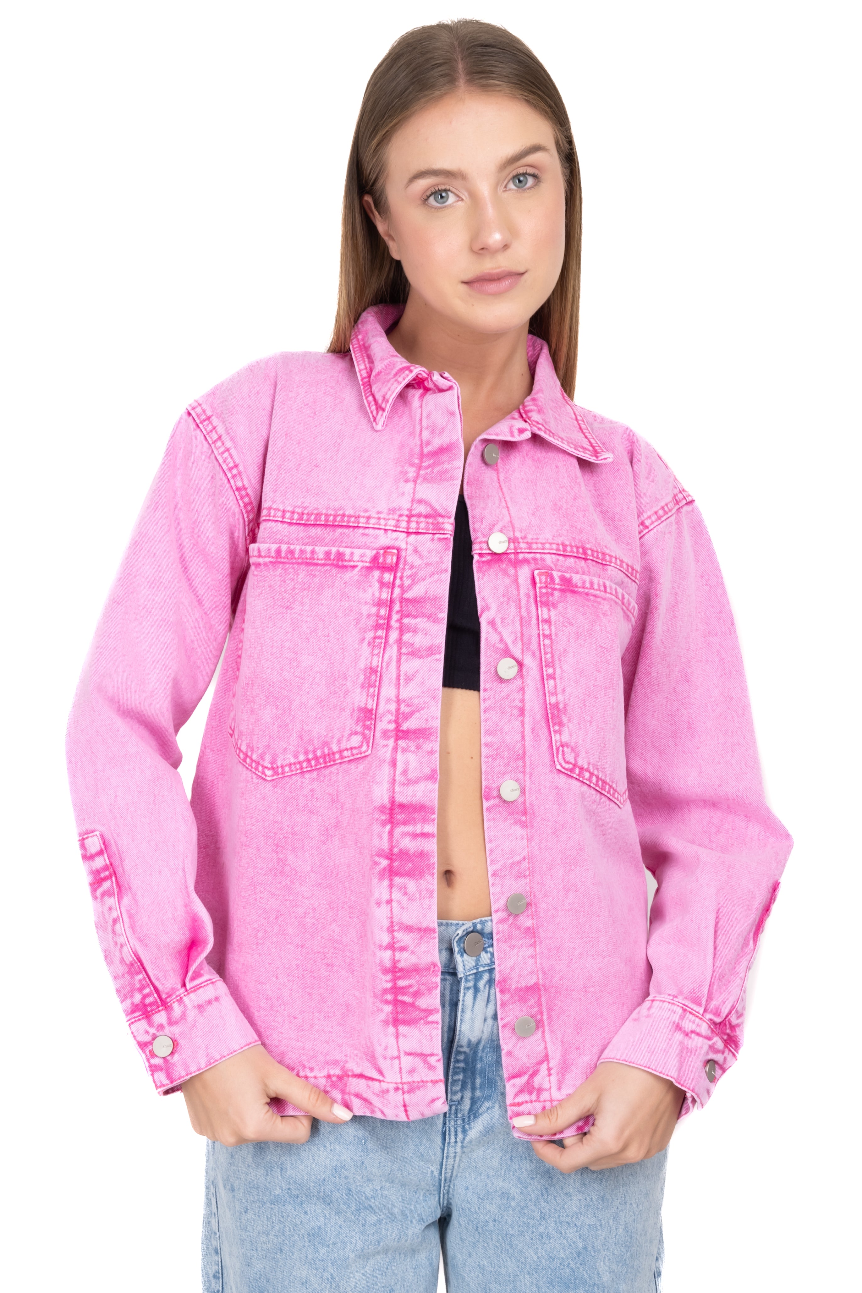 Denim oversize jacket pockets Bright pink