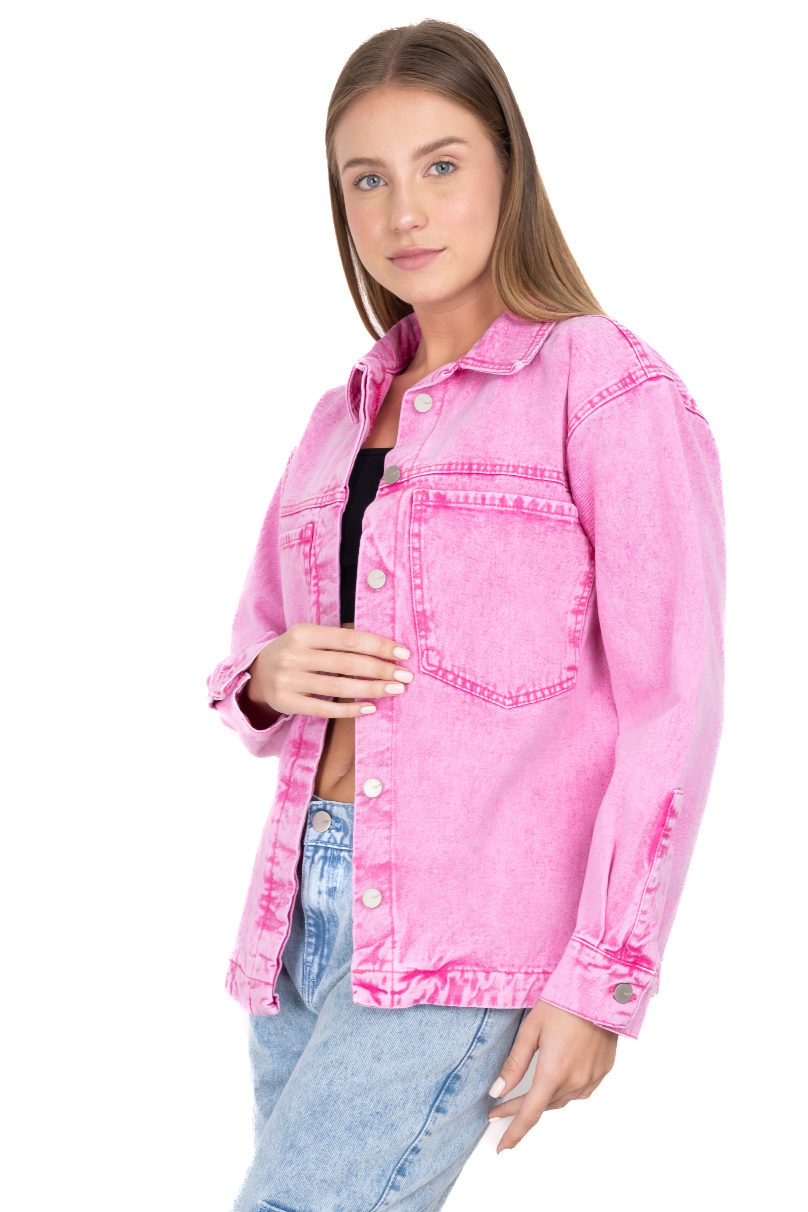 Denim oversize jacket pockets Bright pink