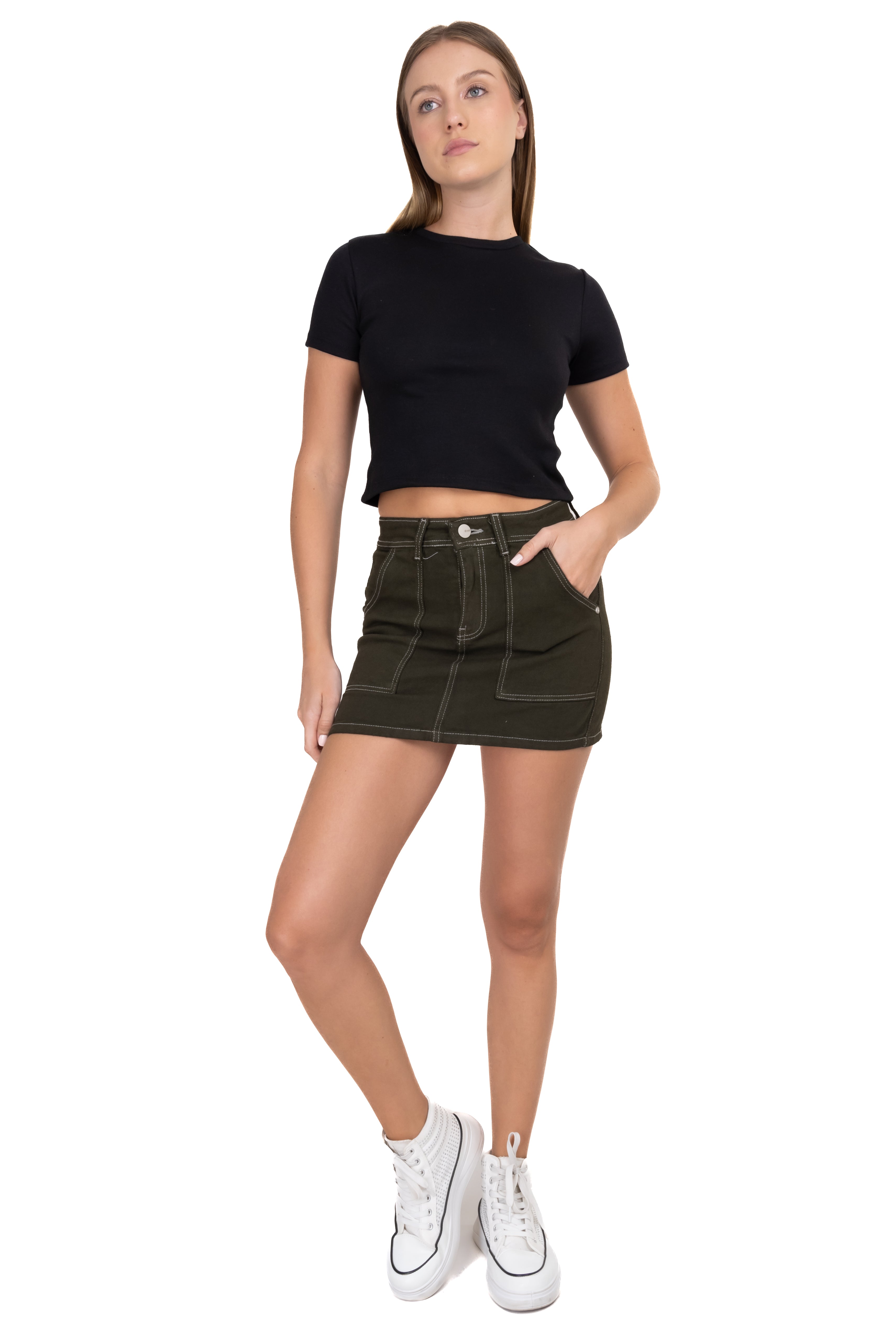 Mini denim skirt pockets OLIVE