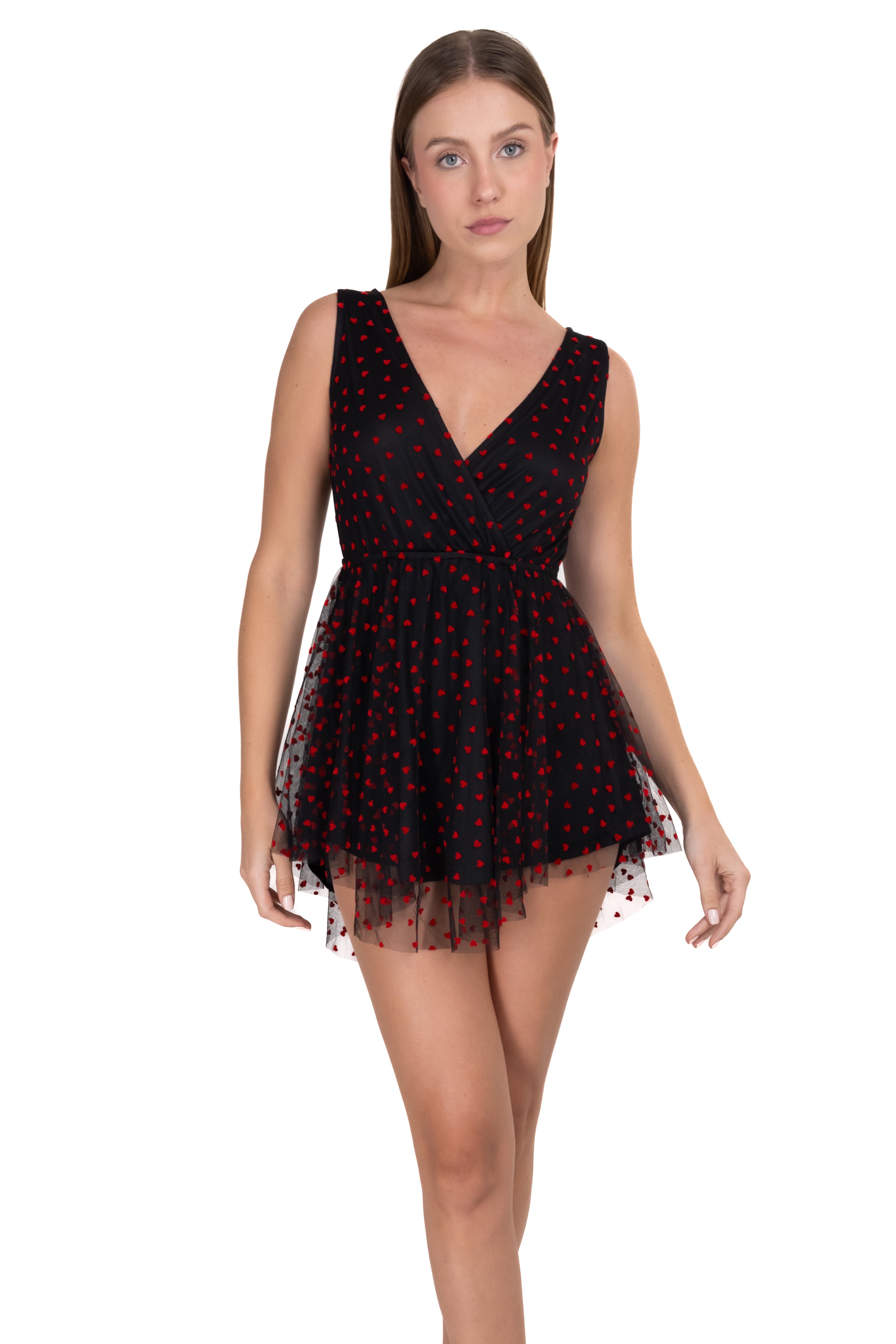 Vestido flock mesh corazones sin manga NEGRO COMBO