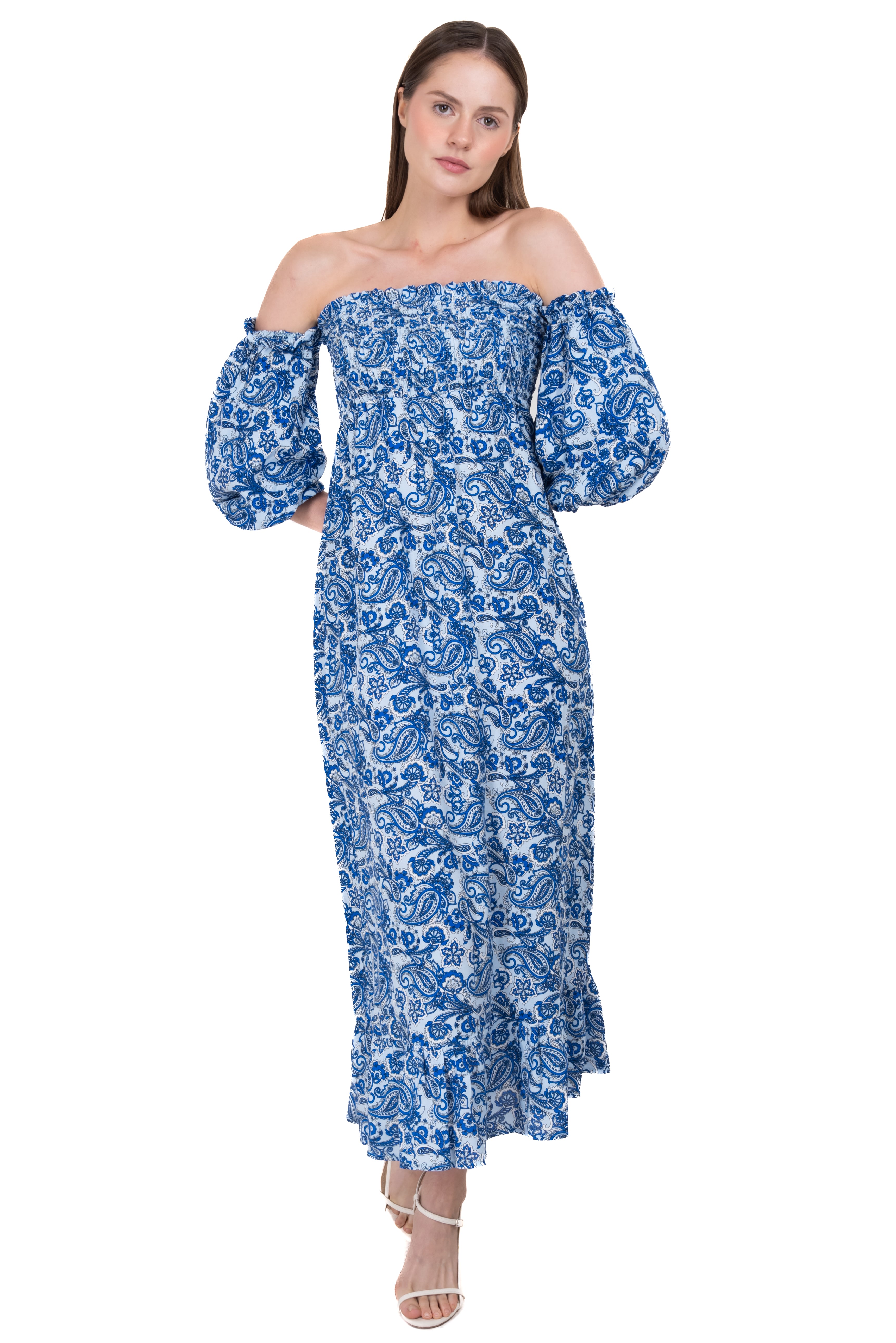 Vestido maxi hombros descubiertos paisley AZUL COMBO