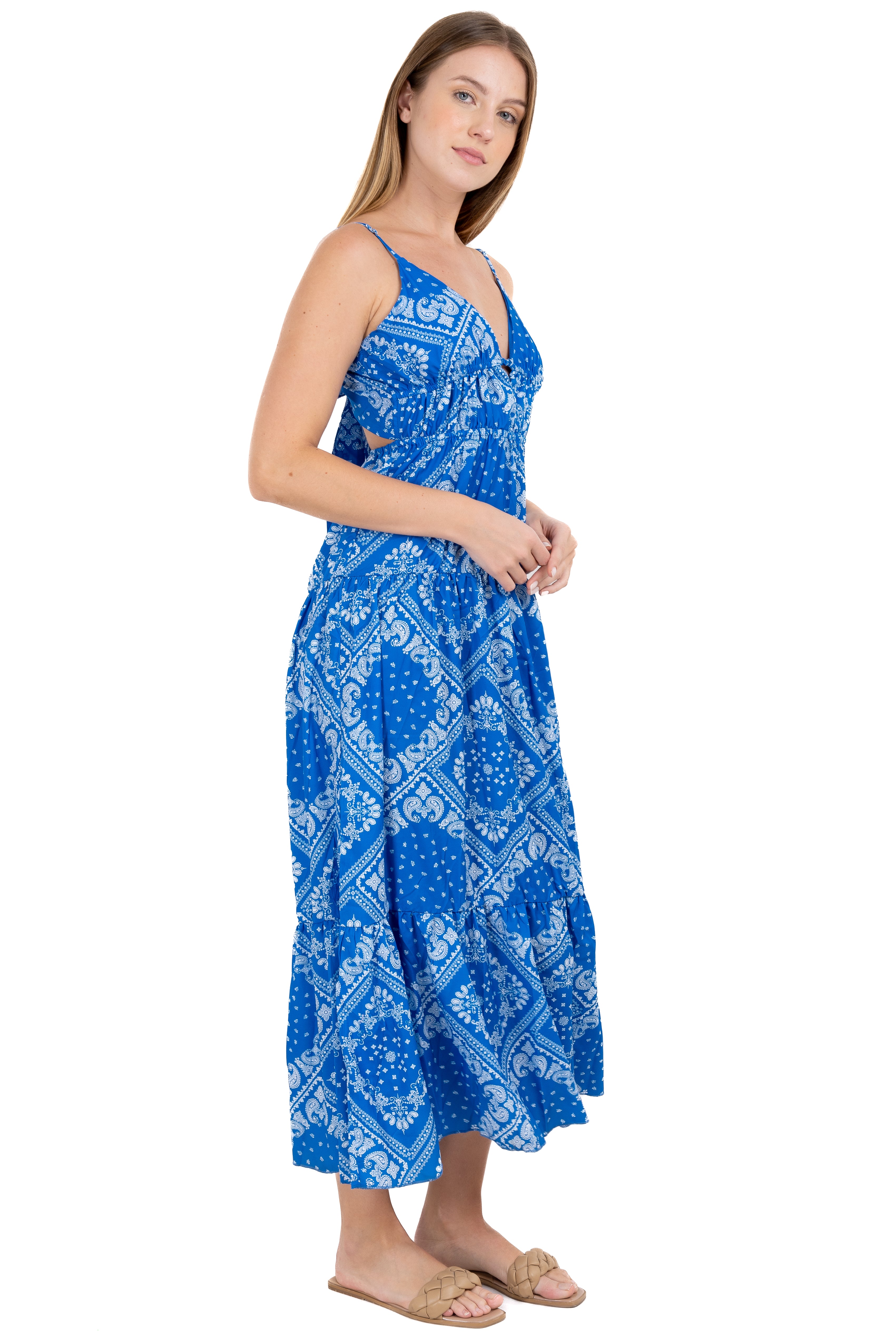 Vestido maxi cintura fruncida AZUL COMBO