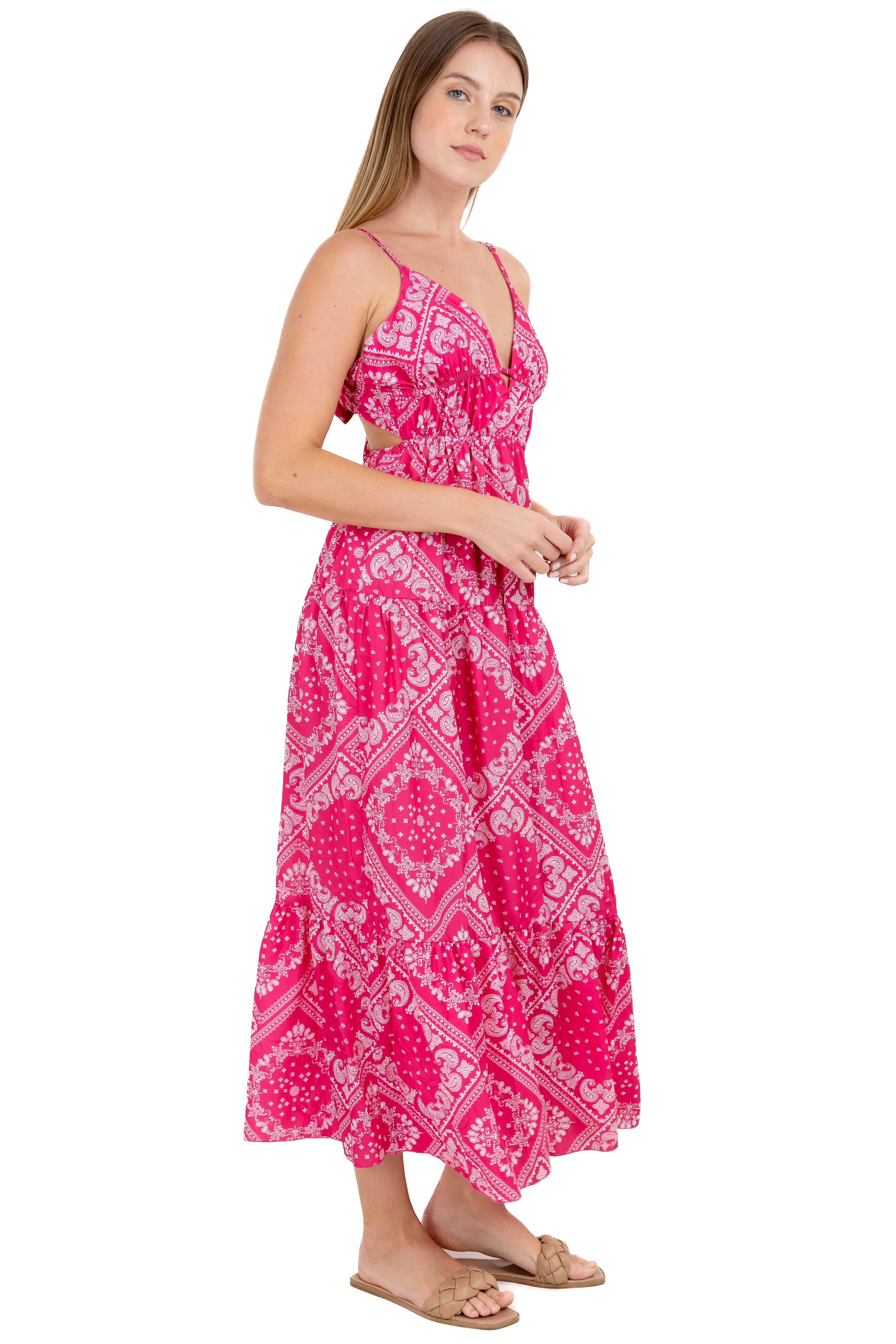 Vestido maxi cintura fruncida ROSA COMBO