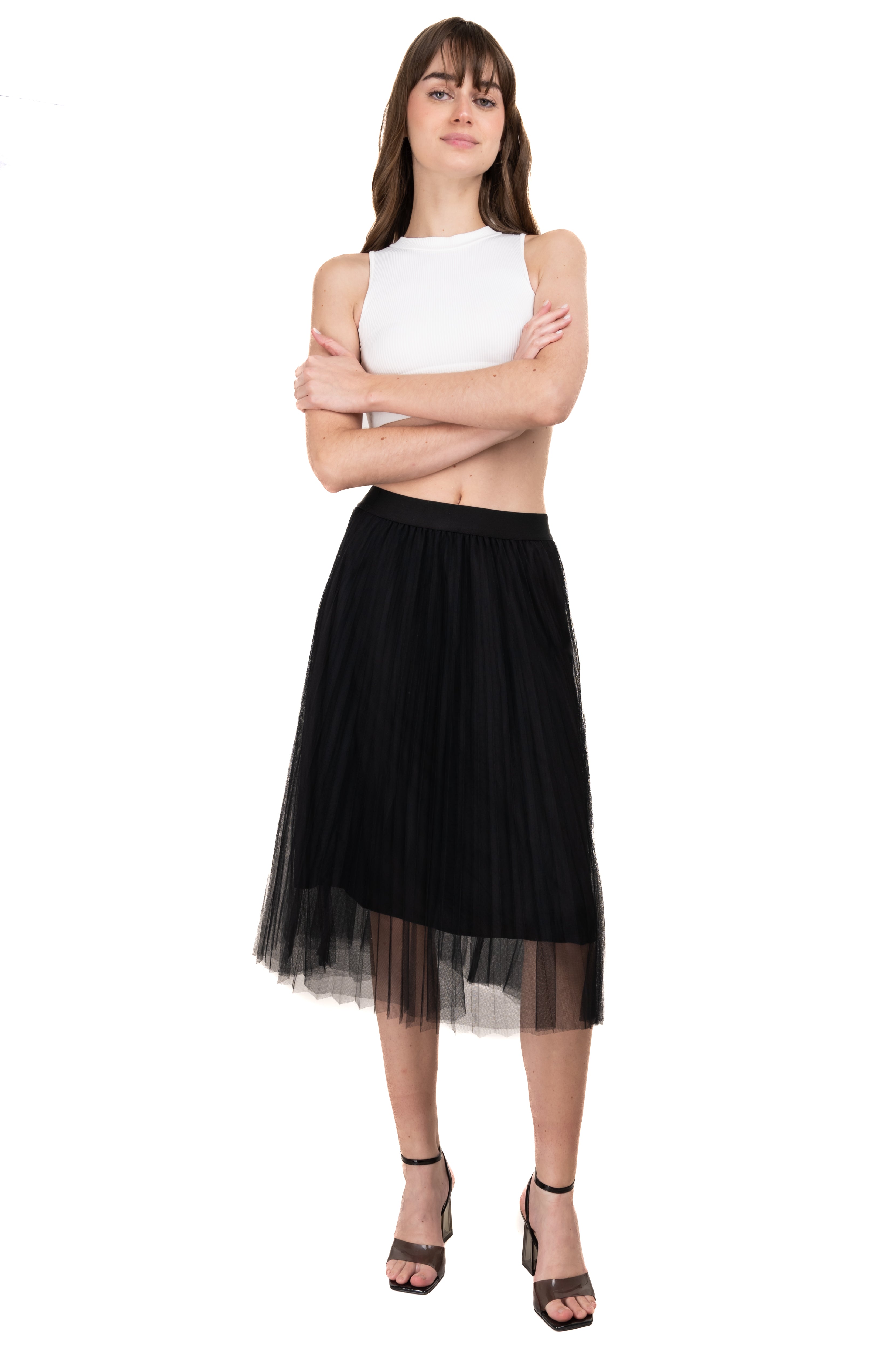 Falda midi plisada mesh NEGRO