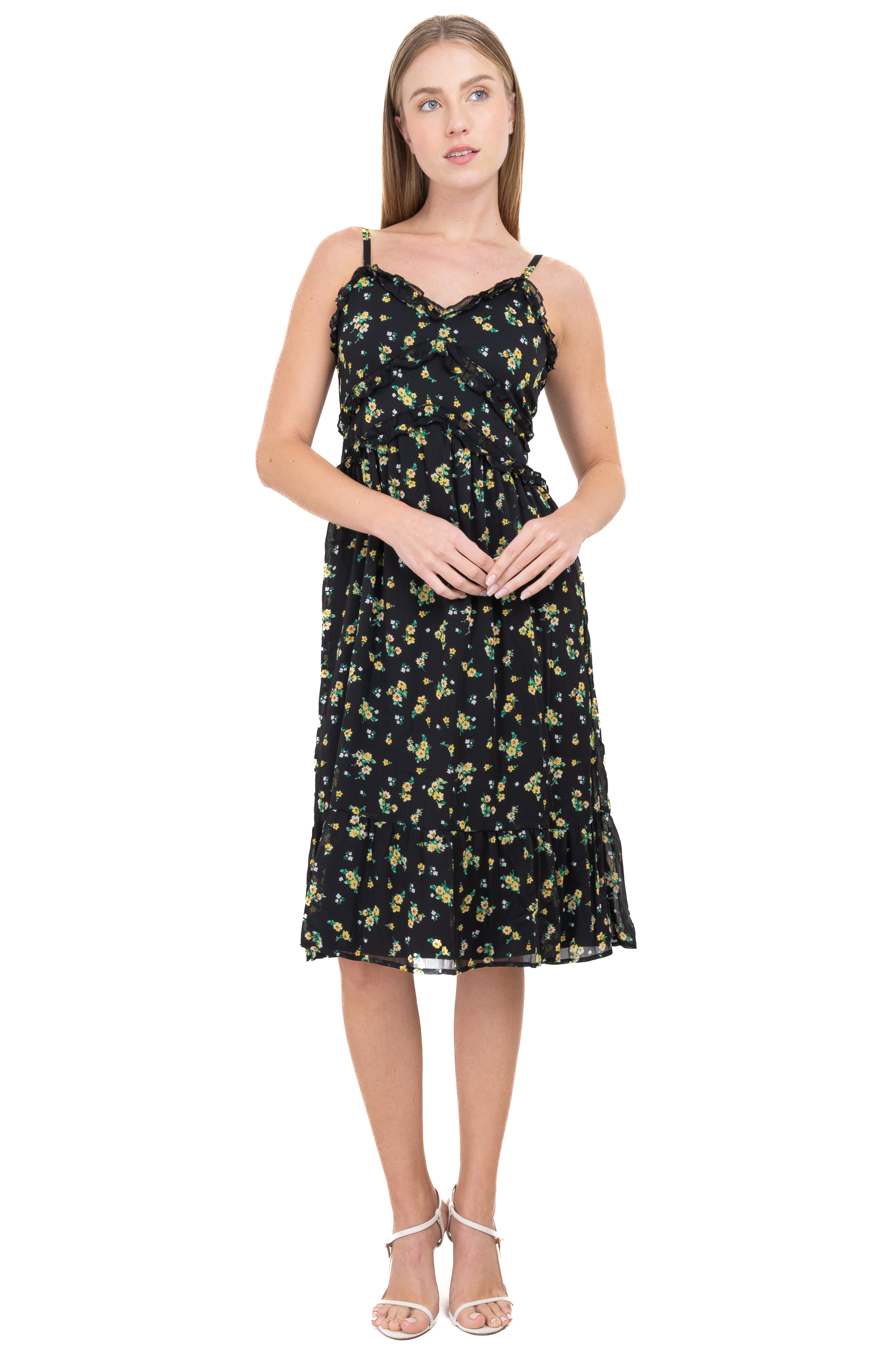 Vestido midi olanes flores NEGRO COMBO