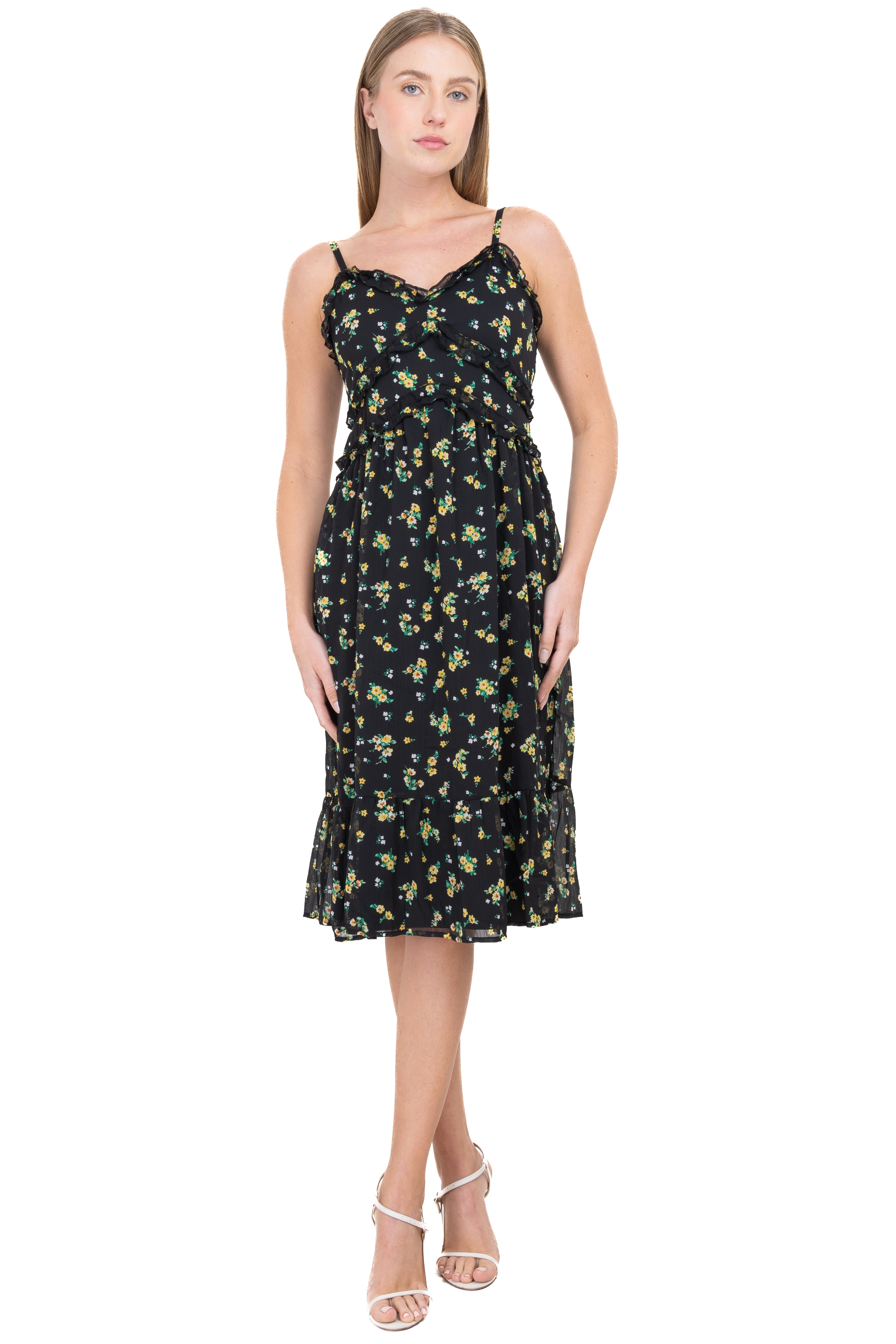 Vestido midi olanes flores NEGRO COMBO