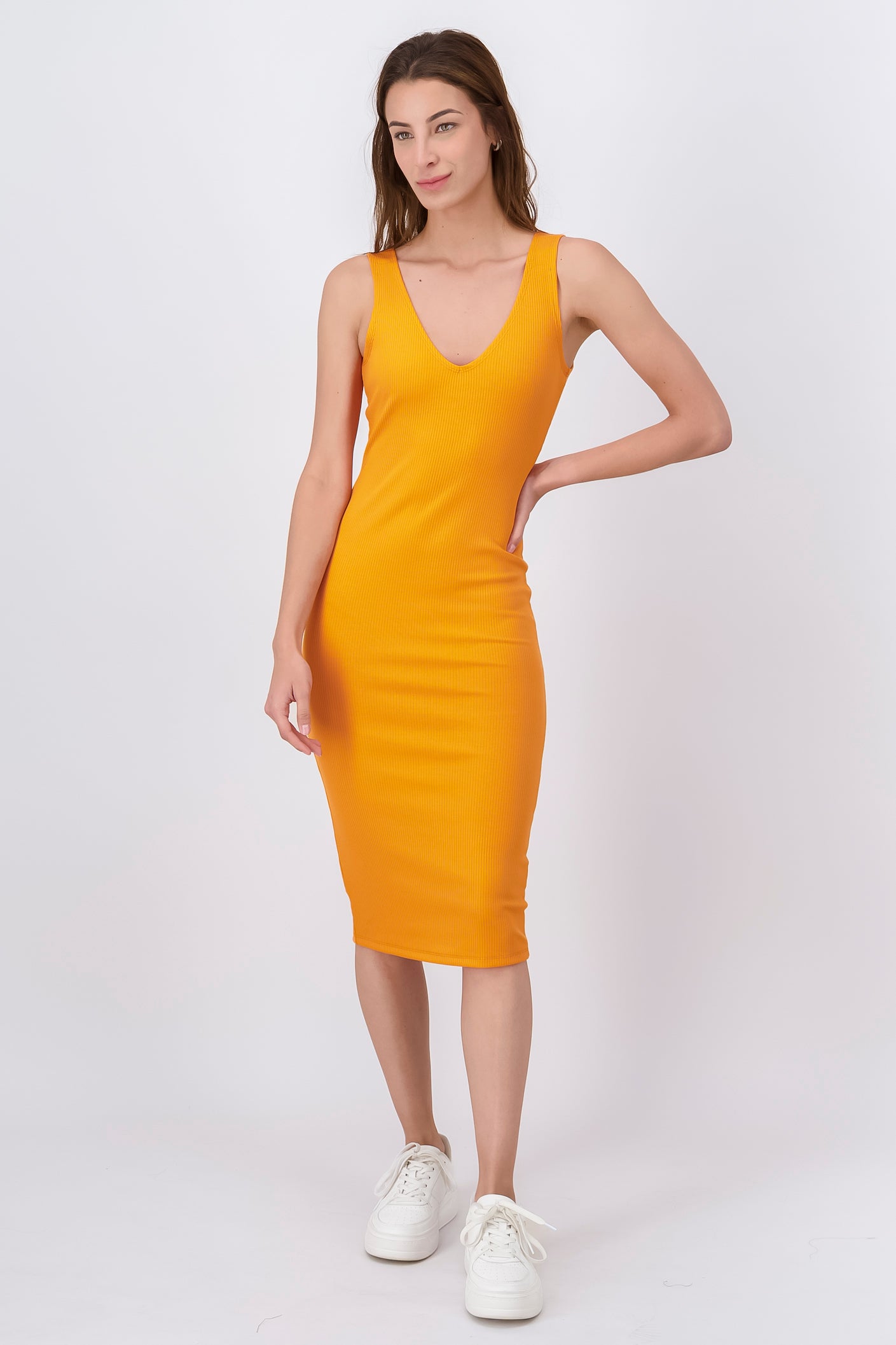 Vestido Midi Acanalado Liso NARANJA