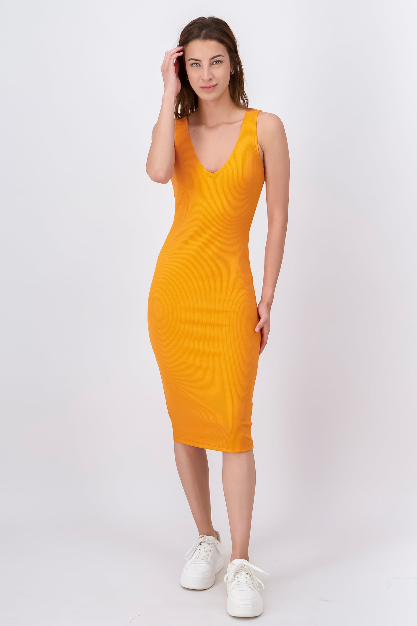 Vestido Midi Acanalado Liso NARANJA