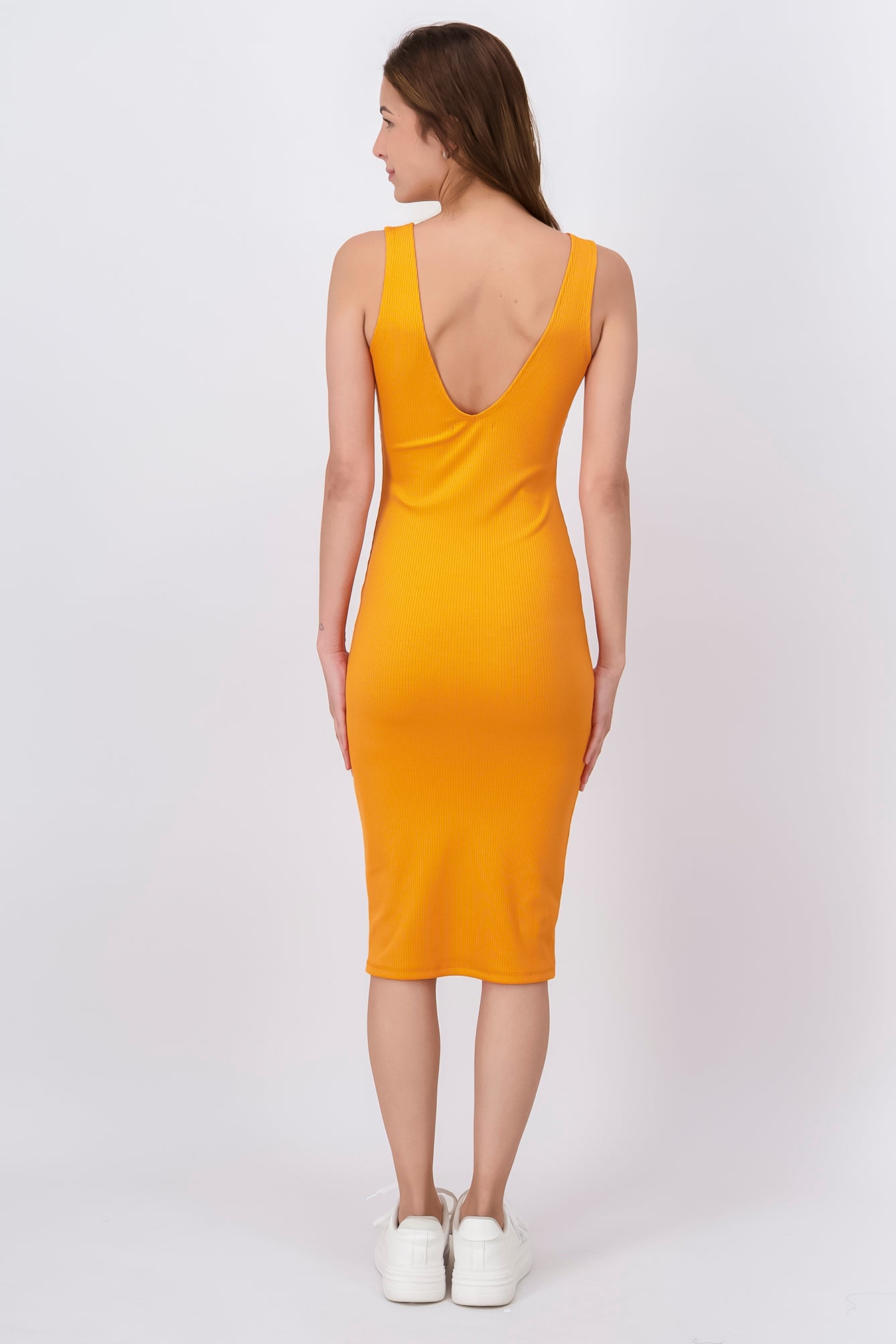 Vestido Midi Acanalado Liso NARANJA