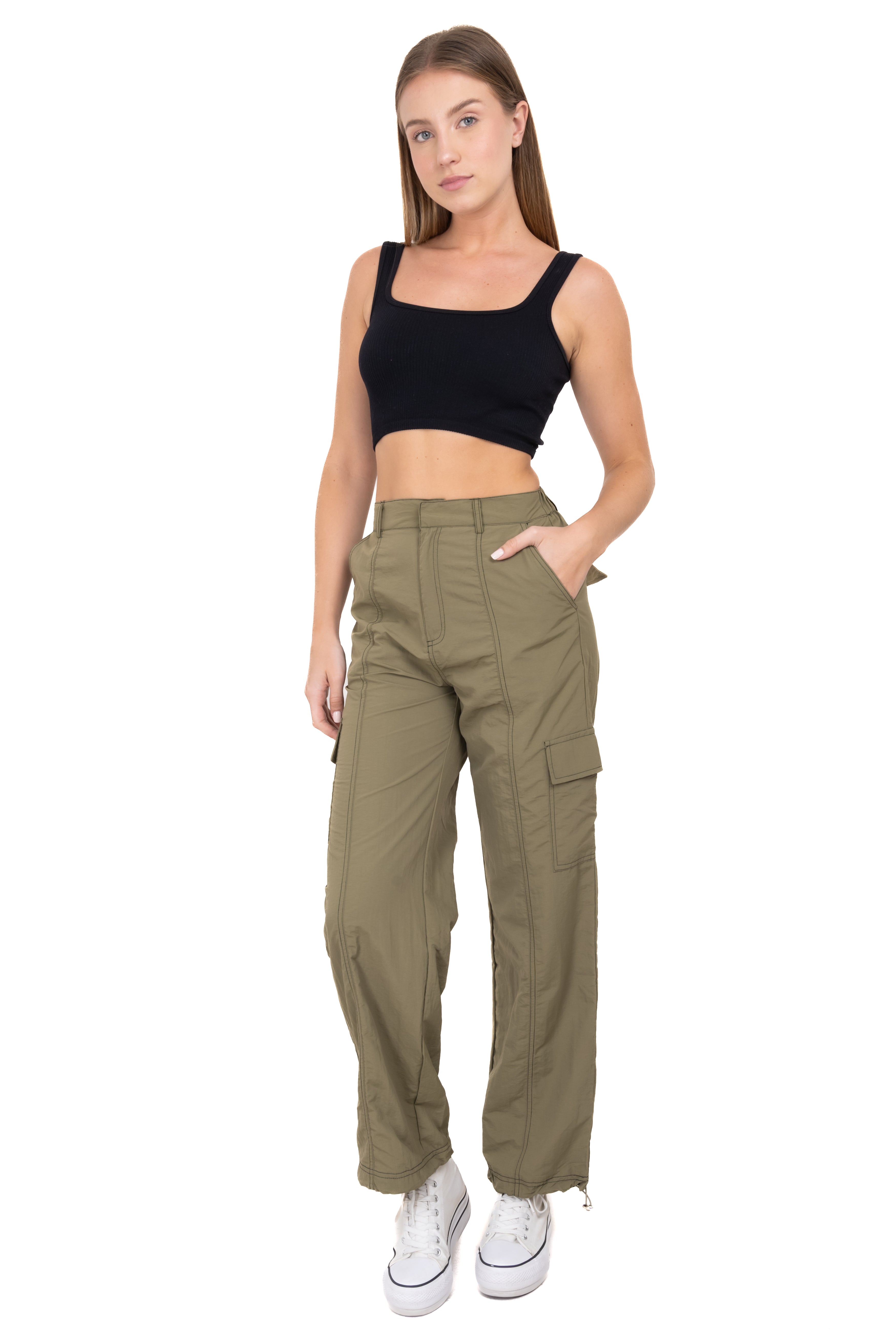 Straight elastic pants OLIVE