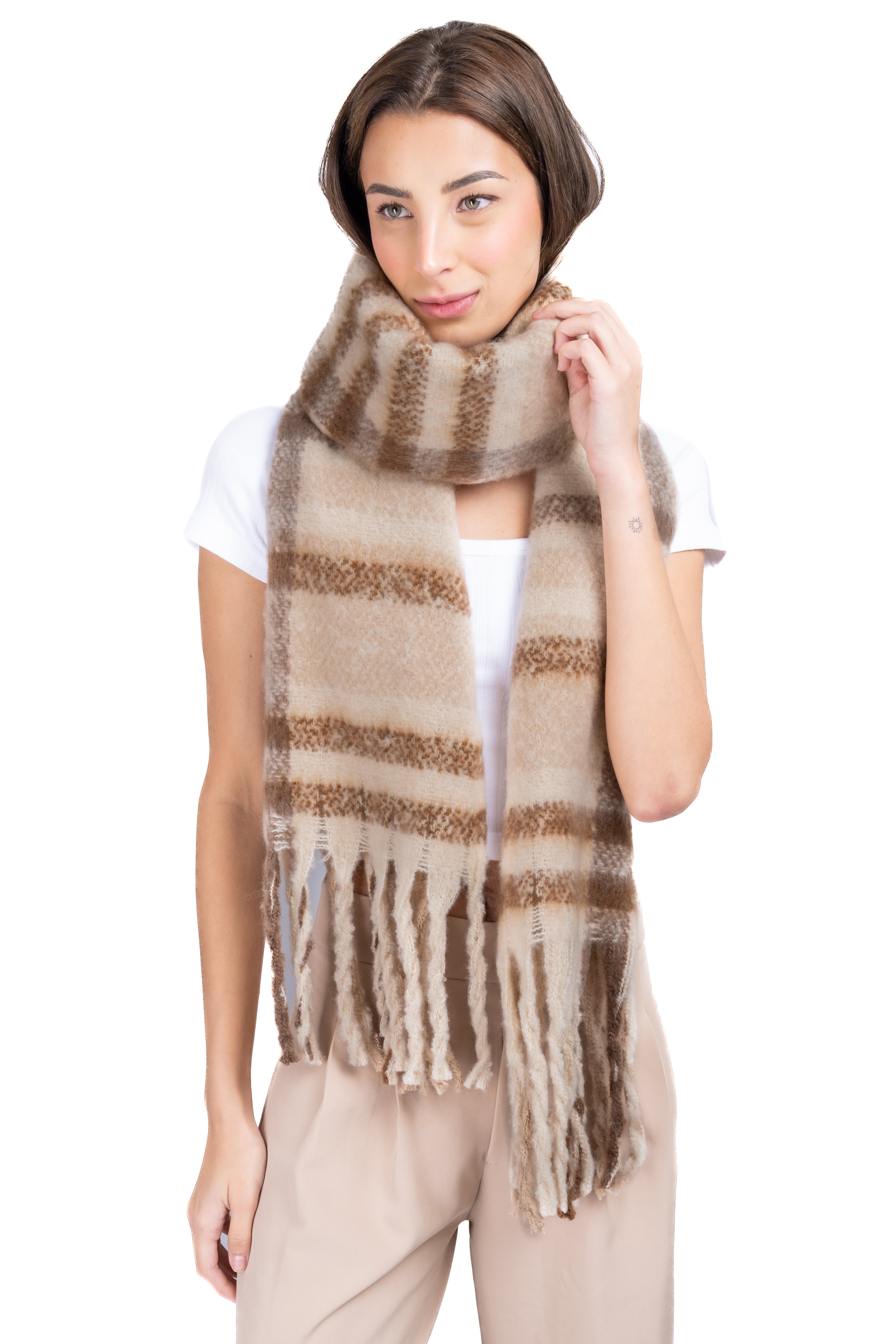 Bufanda tejido suave cuadros BEIGE